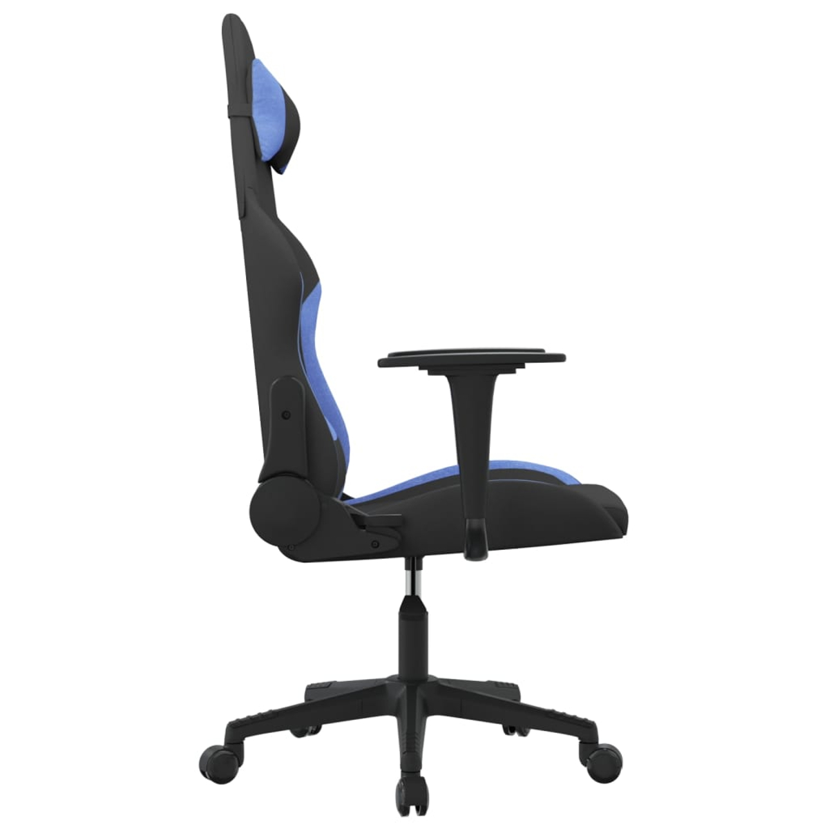 Schwarzer Gaming-Stuhl mit blauen Akzenten, von der Seite gezeigt.