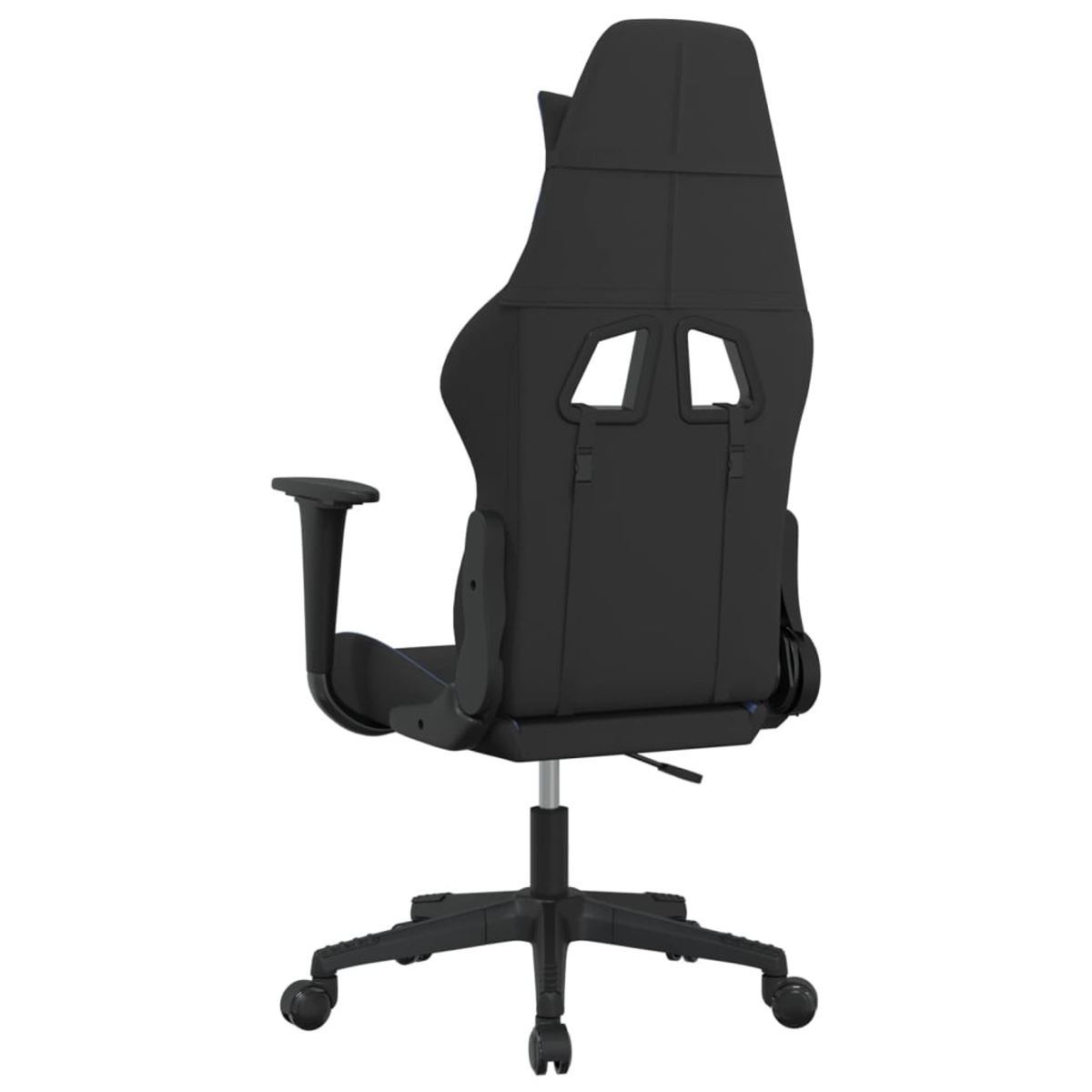 Rückansicht eines schwarzen Gaming-Stuhls mit Armlehnen und Rädern.
