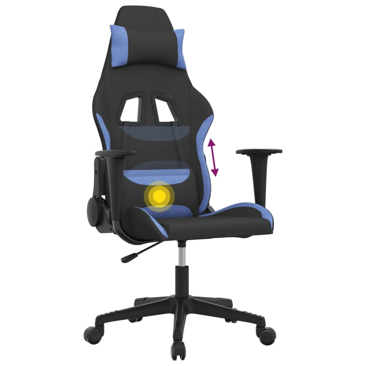 Schwarzer Gamingstuhl mit blauen Akzenten, höhenverstellbar und mit Kopfstütze.