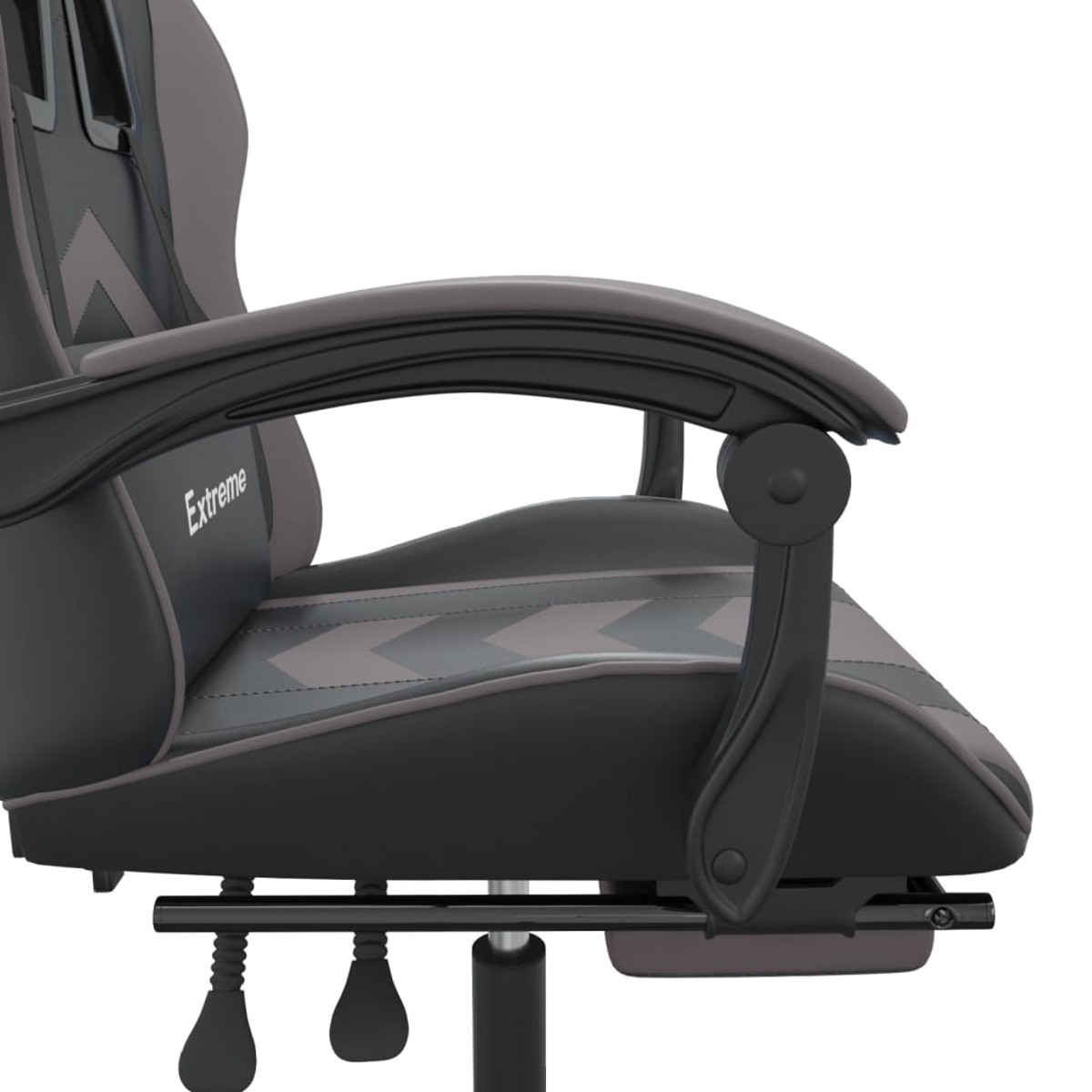 Schwarzer und grauer Gaming-Stuhl mit Armlehne und "Extreme"-Logo.