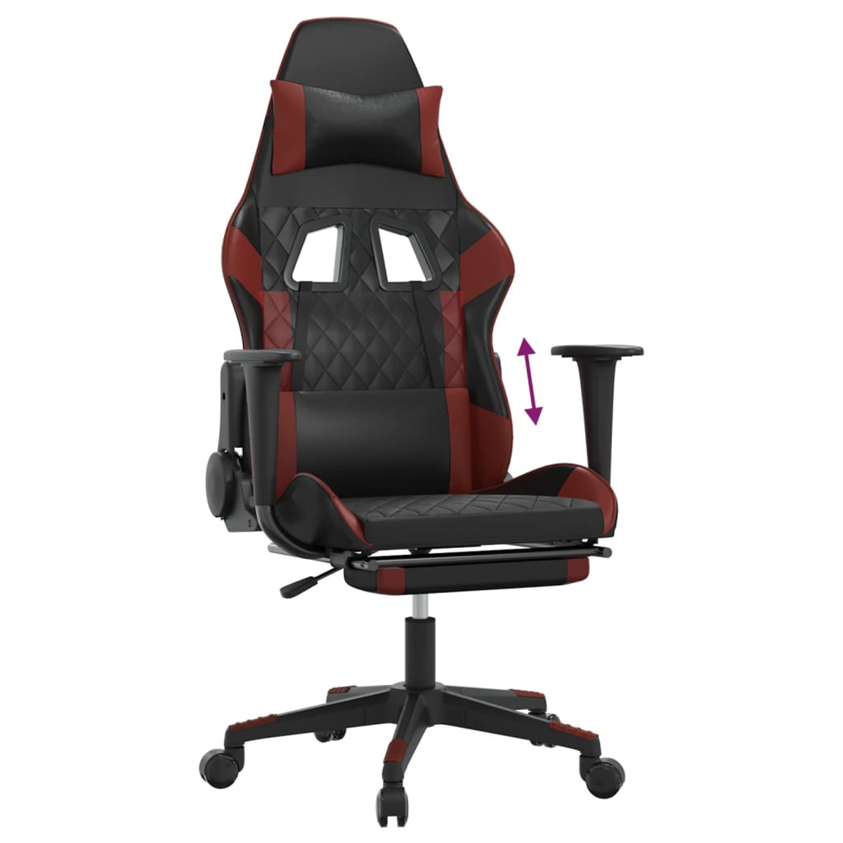 Ein schwarzer und roter Gaming-Stuhl mit einstellbaren Armlehnen und einem Fußbrett.