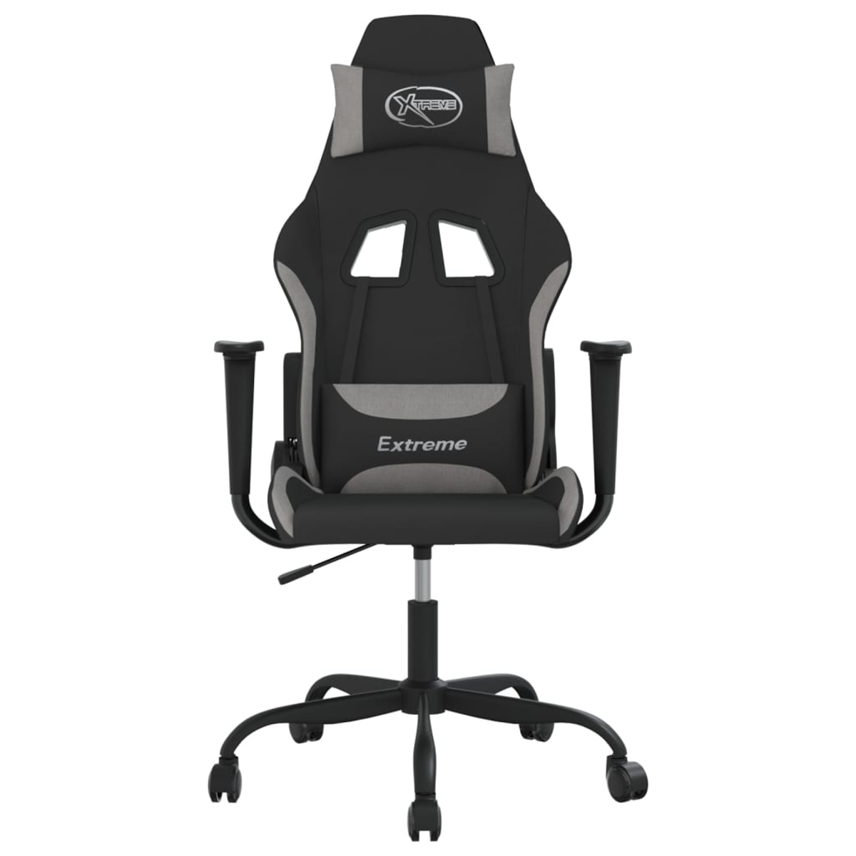 Ein schwarzer Gaming-Stuhl mit grauen Akzenten und Kopfstütze.
