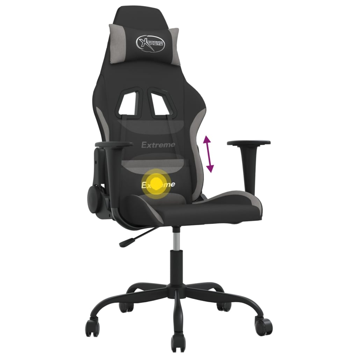 Schwarzer Gaming-Stuhl mit grauen Akzenten und verstellbaren Armlehnen.