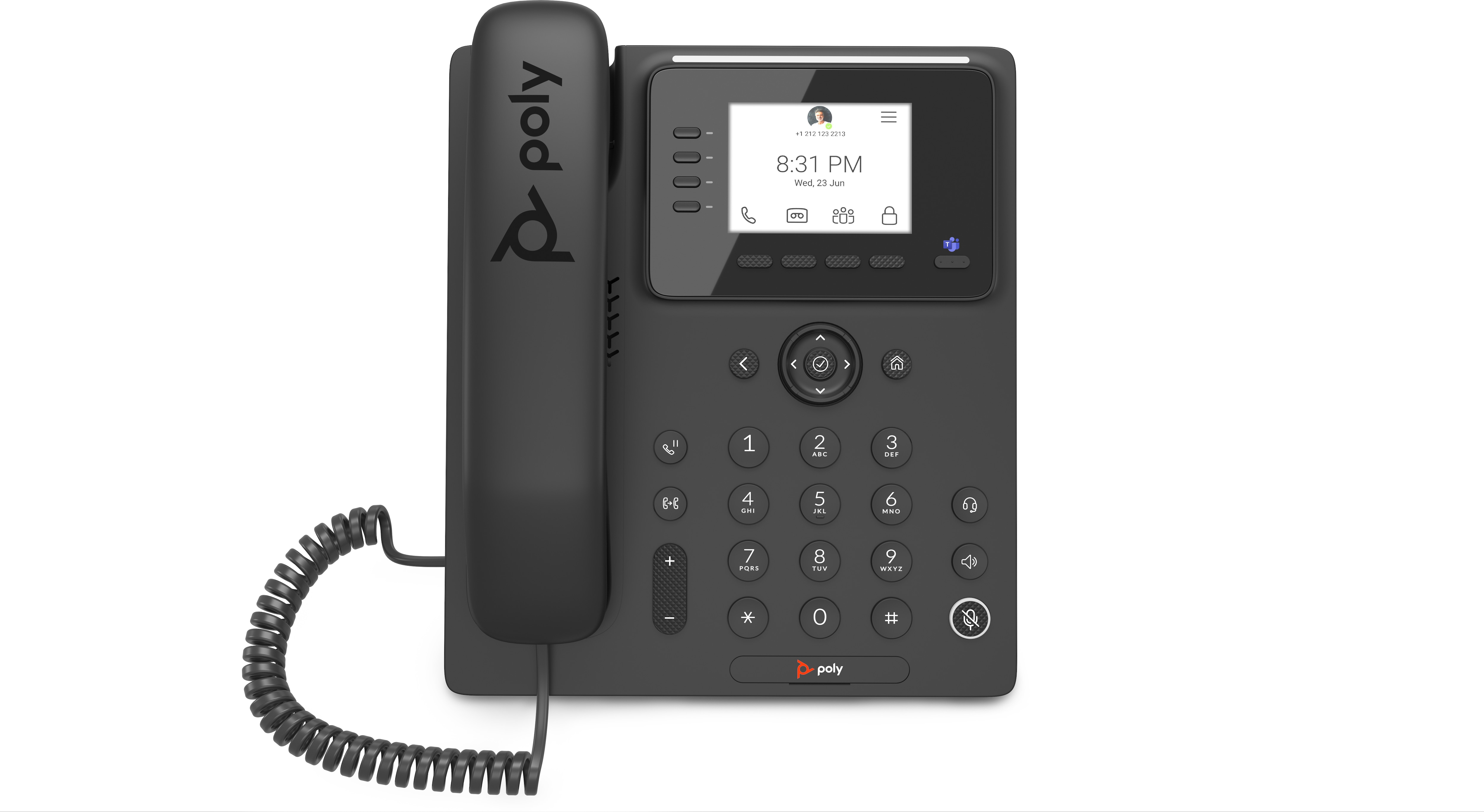 Un telefono da ufficio Poly nero con schermo e tastiera.