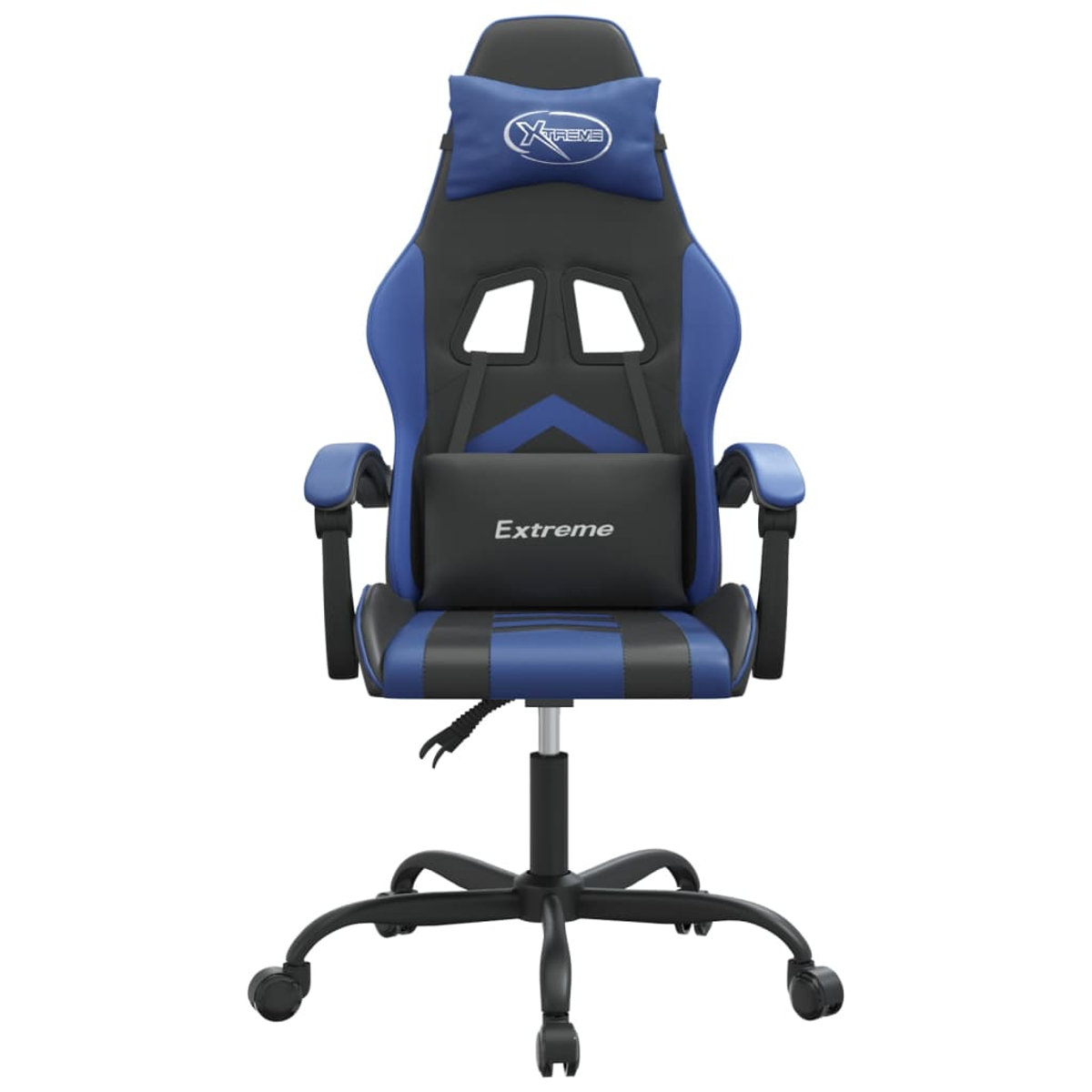 Ein blauer und schwarzer Gaming-Stuhl mit Kopf- und Lendenkissen.