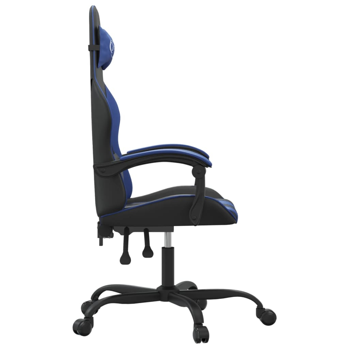 Schwarzer Gaming-Stuhl mit blauen Akzenten, Seitenansicht, auf weißem Hintergrund.