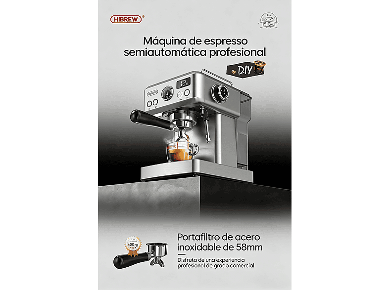 Cafetera express | HIBREW H10A, 19 bar, 1350 W, 350 ml, Astilla