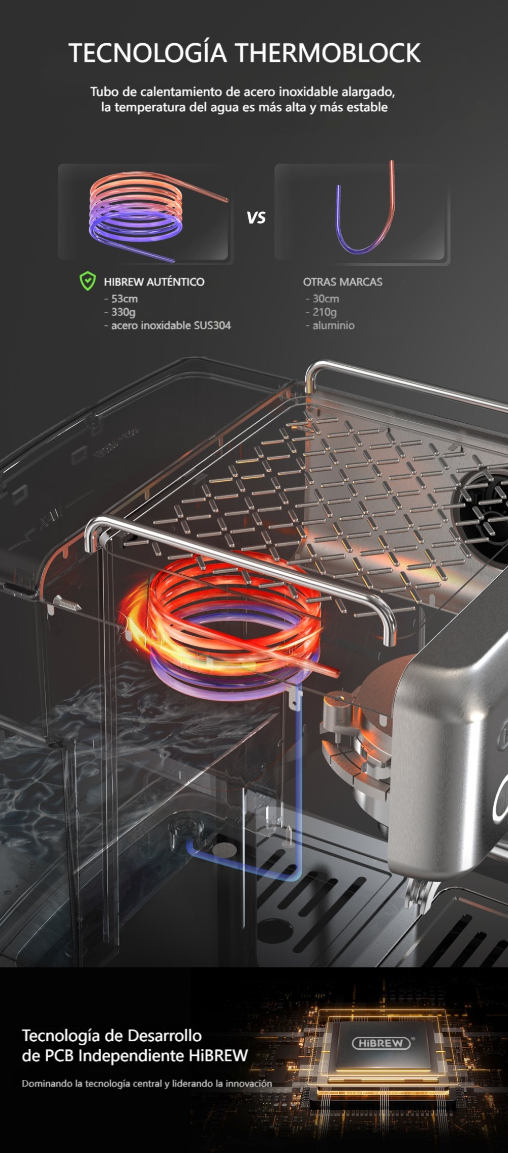 Se muestra un tubo de calentamiento de acero inoxidable con espirales rojas y púrpuras.
