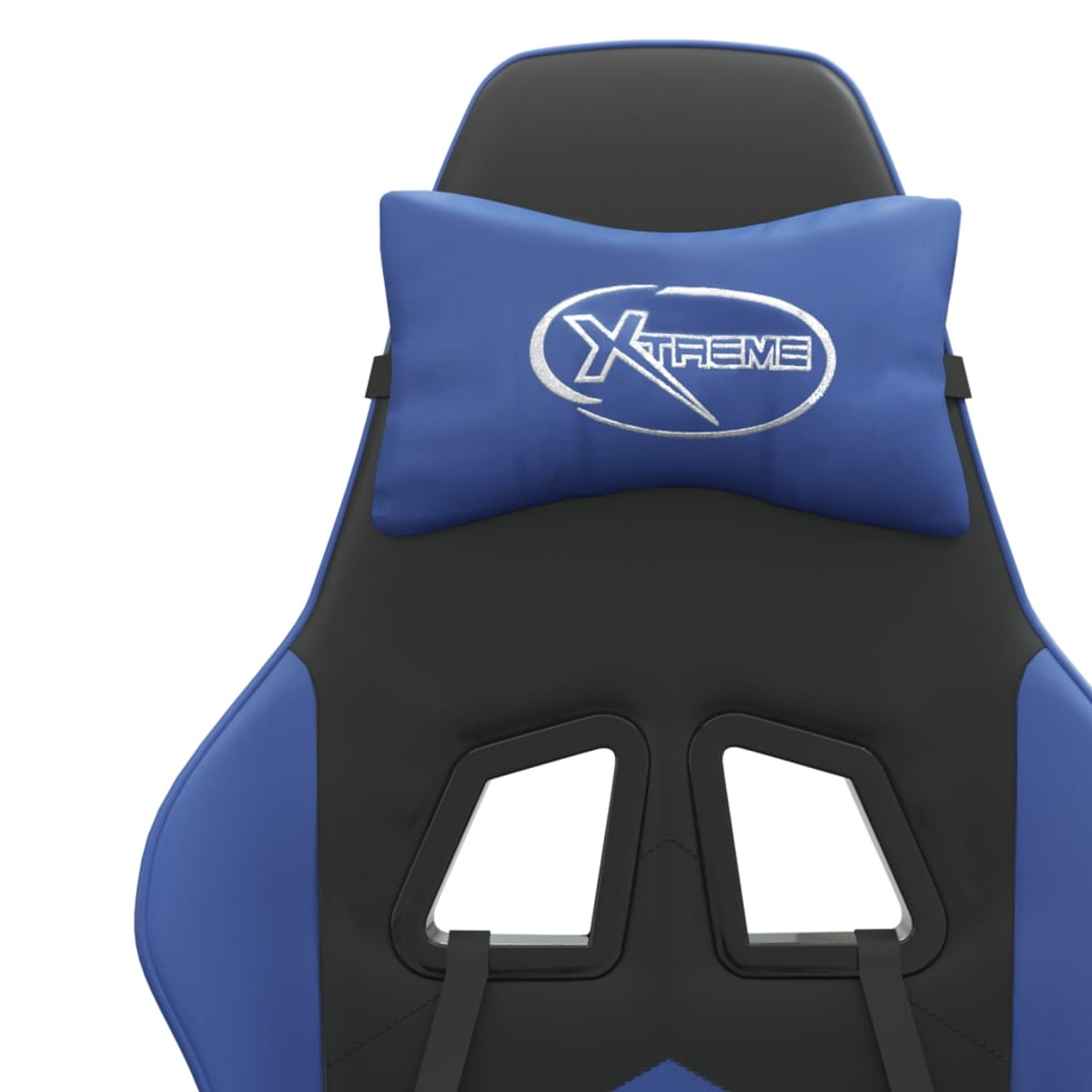 Ein blauer Gaming-Stuhl mit schwarzem Einsatz und einem blauen Nackenkissen mit Logo.