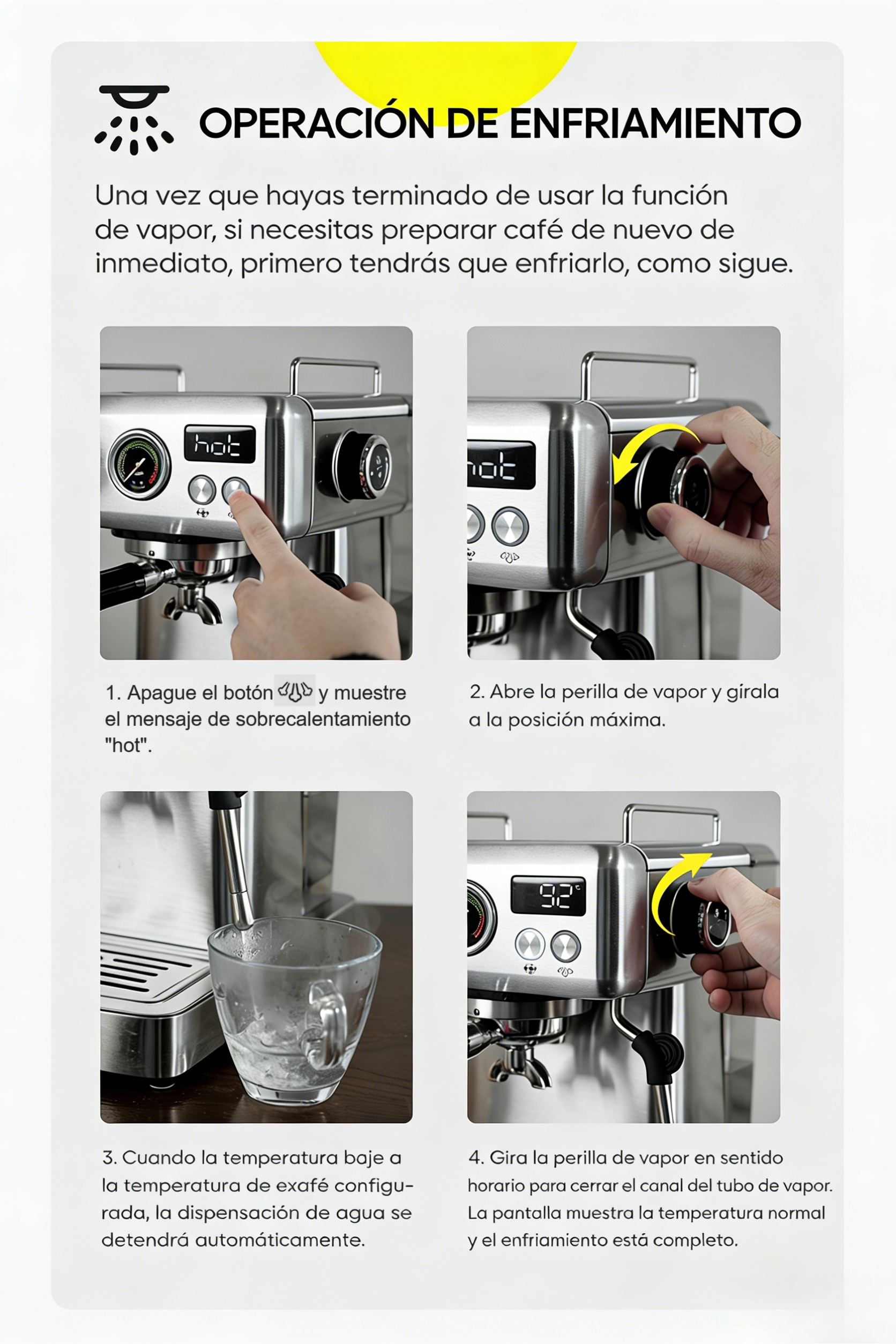 Enfriamiento de máquina de espresso: Presiona botón, gira perilla, dispensa agua.
