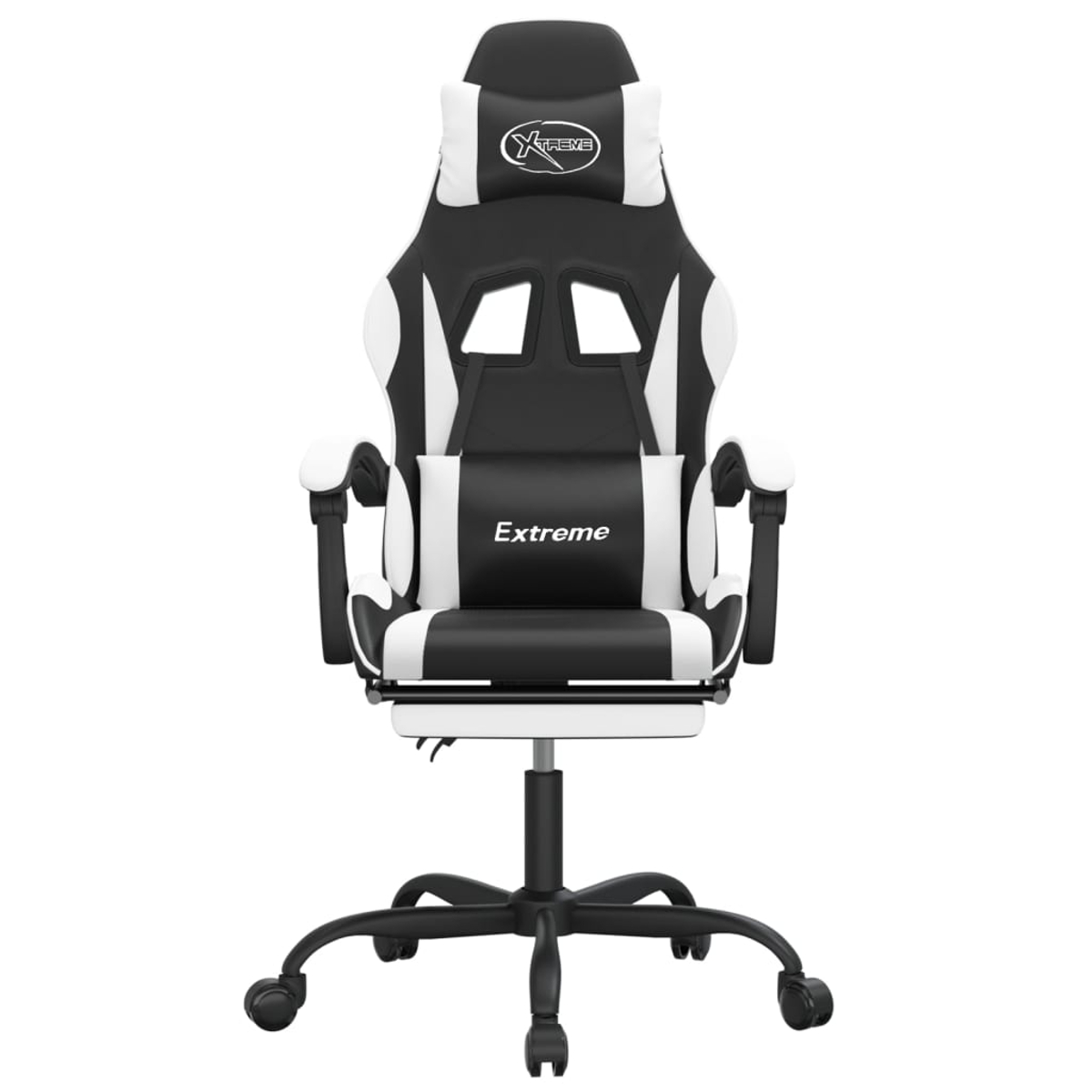 Ein schwarzer und weißer Gaming-Stuhl mit Rädern und Kopfstütze.