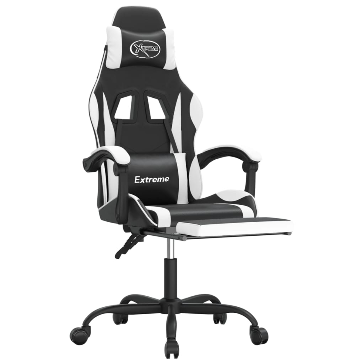 Ein schwarzer und weißer Gaming-Stuhl mit ausziehbarer Fußstütze und Kissen.