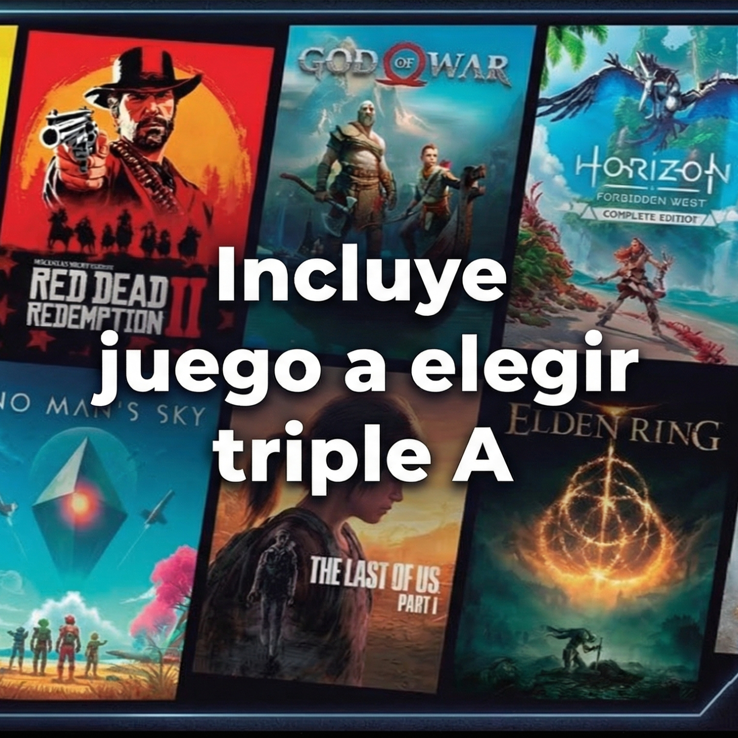 Kolaż okładek gier wideo: Red Dead, God of War, Horizon, No Man's Sky, The Last of Us, Elden Ring.