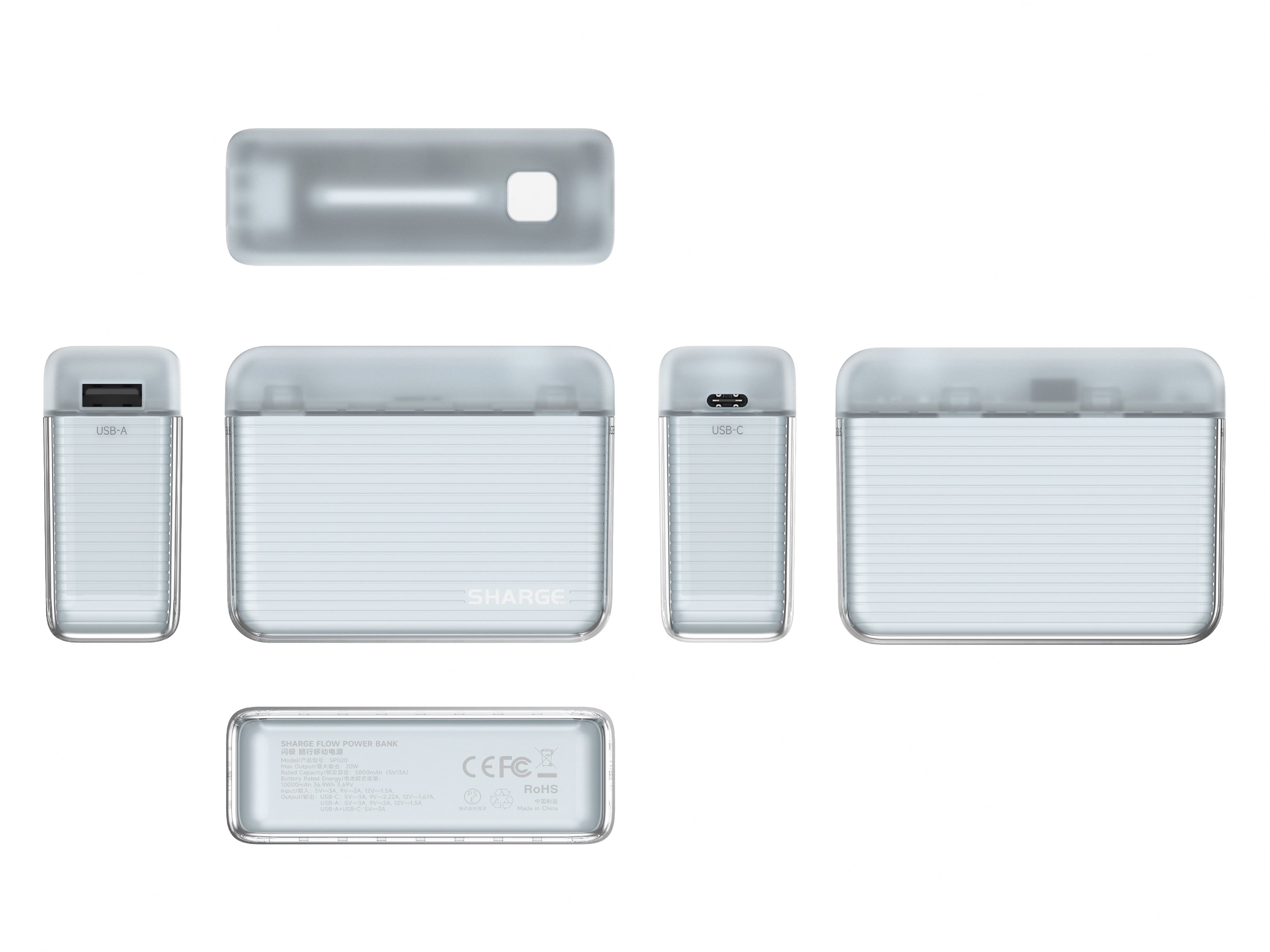 Plusieurs vues d'une banque d'alimentation grise translucide avec ports USB-A et USB-C.