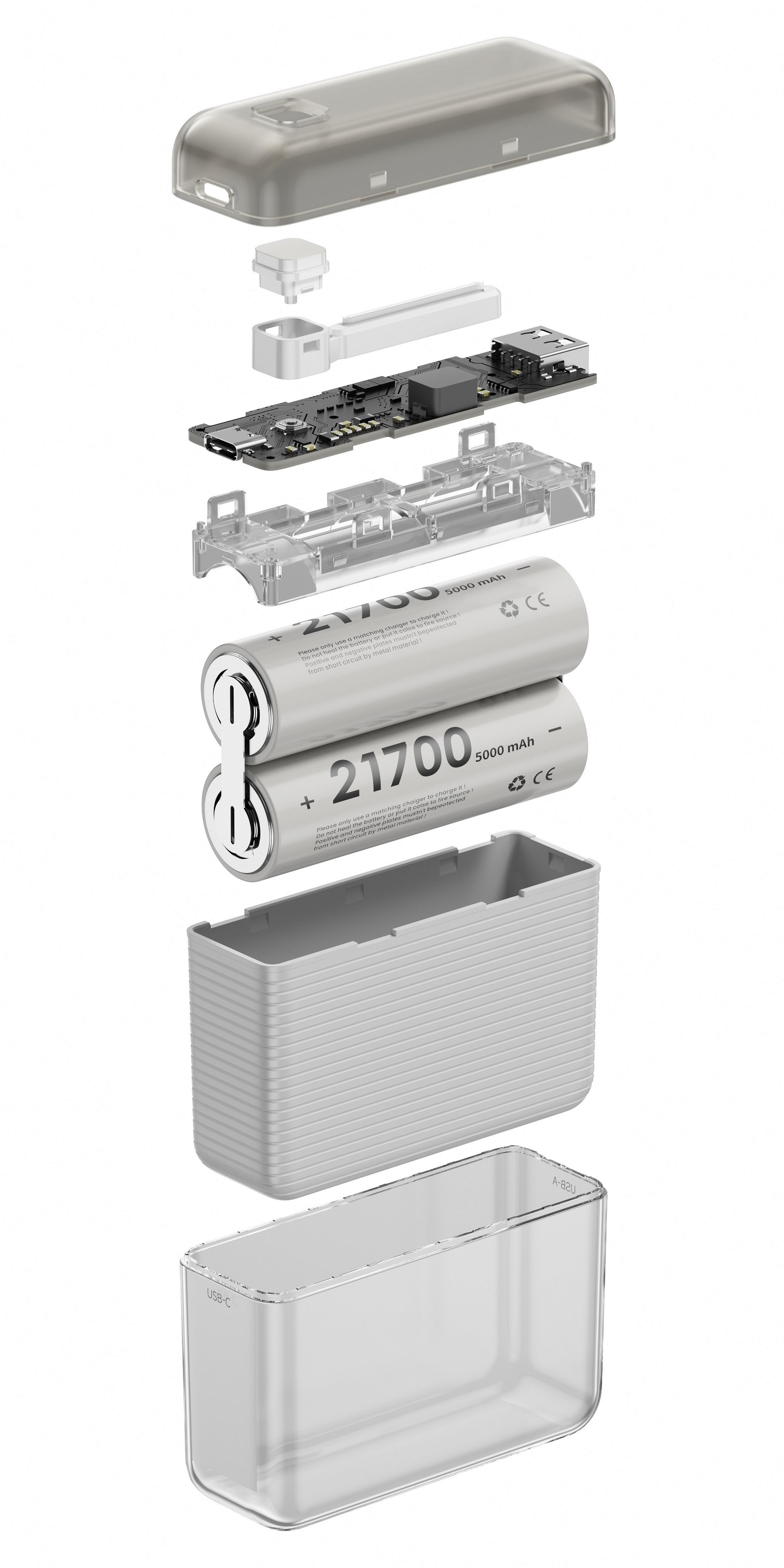 Vue éclatée d'une banque d'alimentation : carte de circuit imprimé, deux batteries 21700mAh.