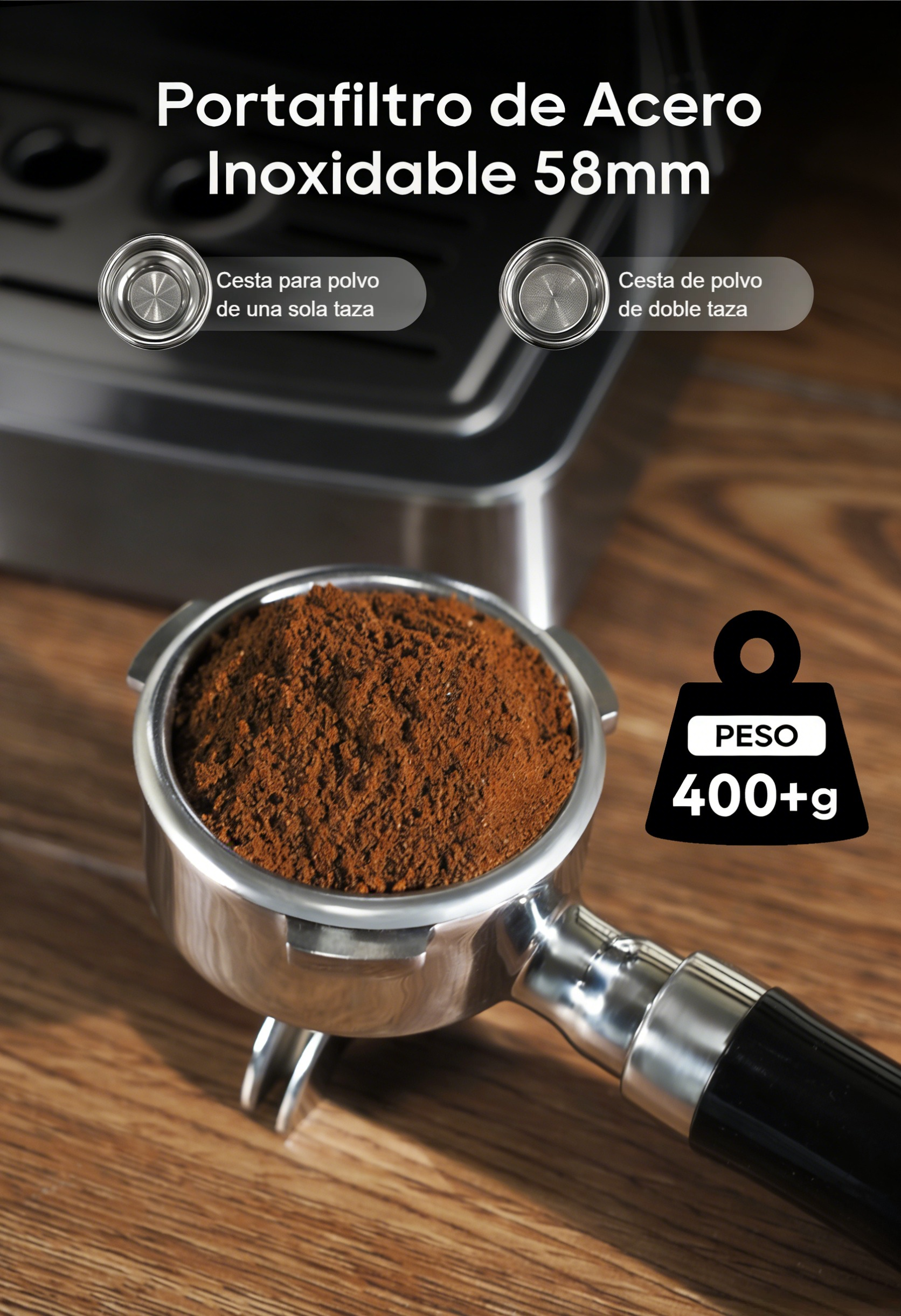 Portafiltro de acero inoxidable 58mm con café molido. Peso 400+g.