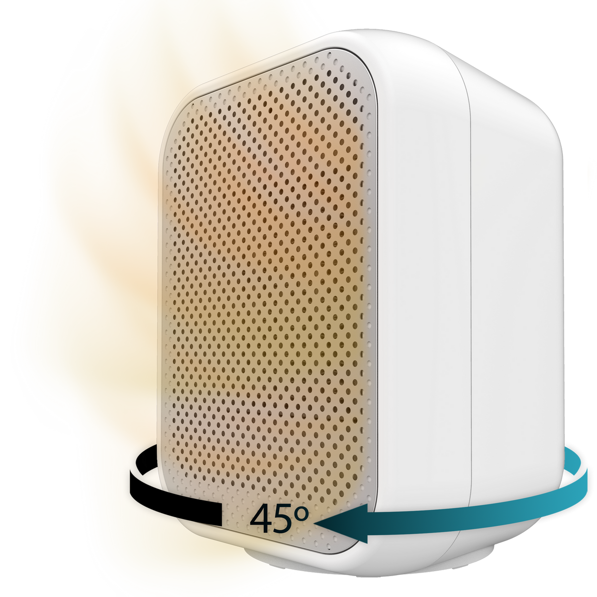 Białe urządzenie z perforowanym przodem obraca się o 45 stopni.