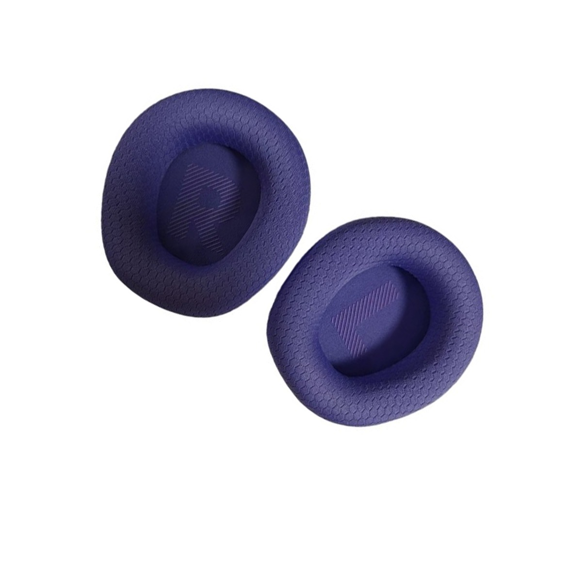 Dos almohadillas moradas para auriculares con textura de panal y logo R.