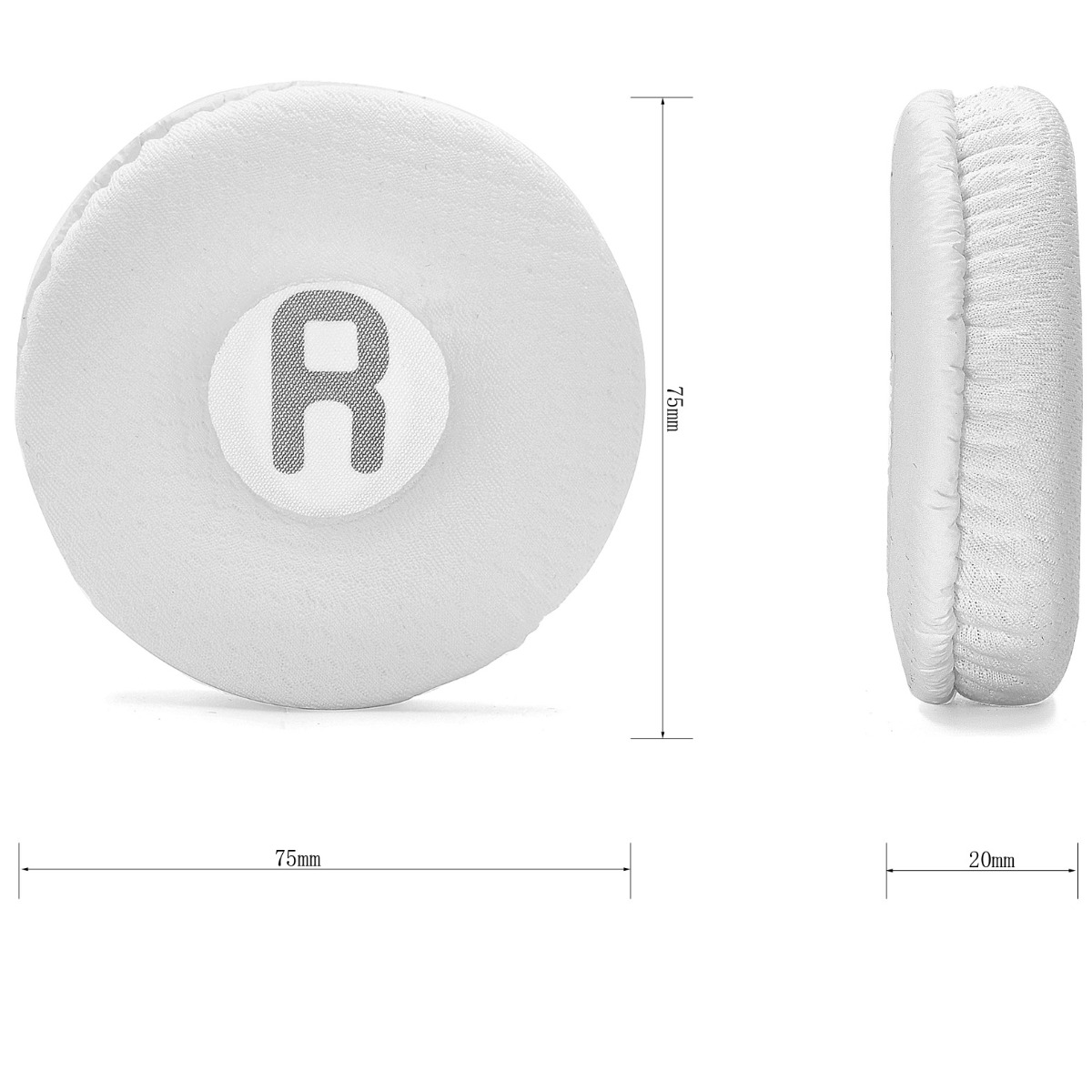 Un cojín de oído blanco con logo 'R'. Dimensiones: 75mm diámetro, 20mm grosor.