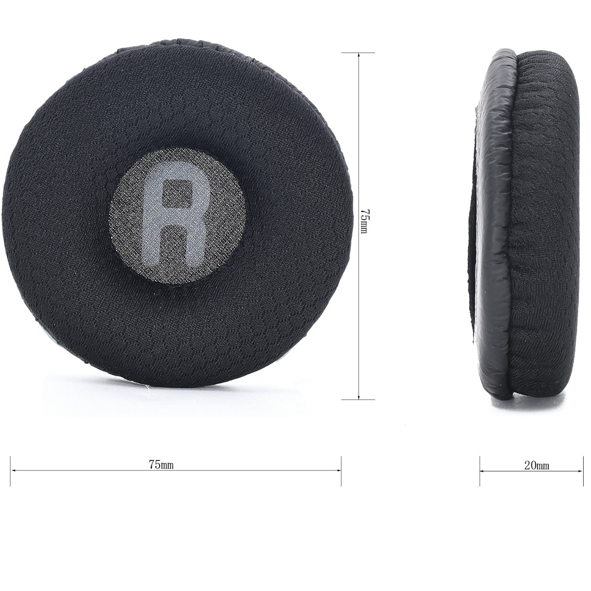 Almohadilla negra con marca 'R' y dimensiones (75mm, 20mm).