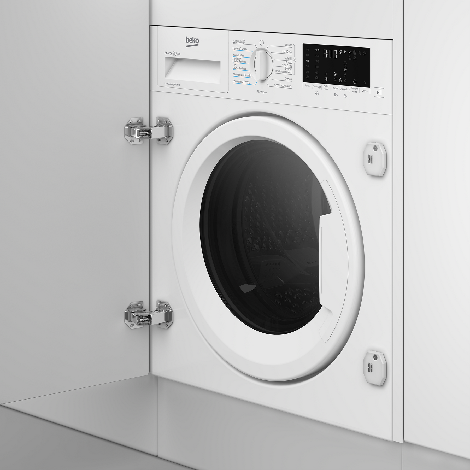 Una lavatrice Beko bianca con la porta aperta, che mostra il pannello di controllo.