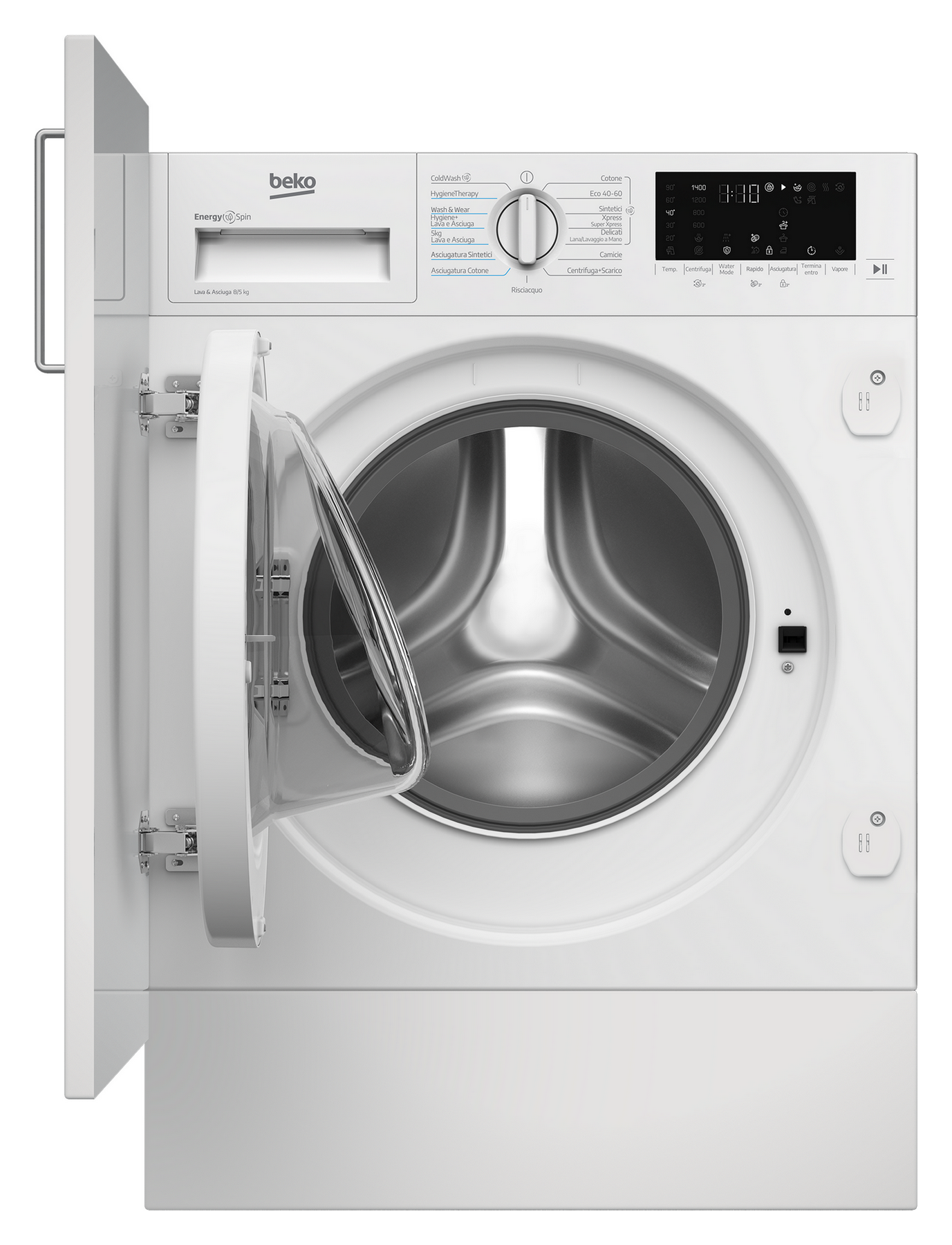 Una lavatrice Beko bianca con oblò aperto e pannello di controllo.