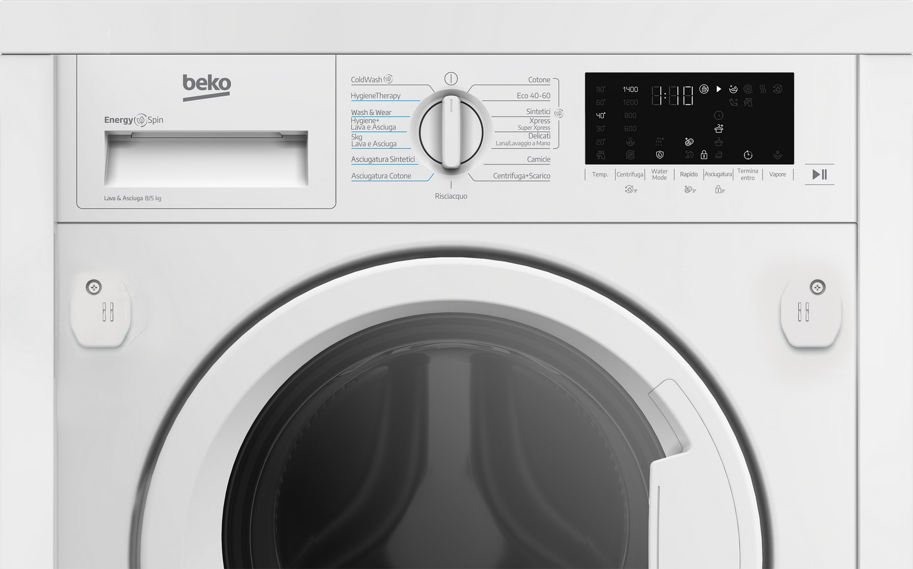Una lavatrice Beko bianca con display digitale e pannello di controllo.