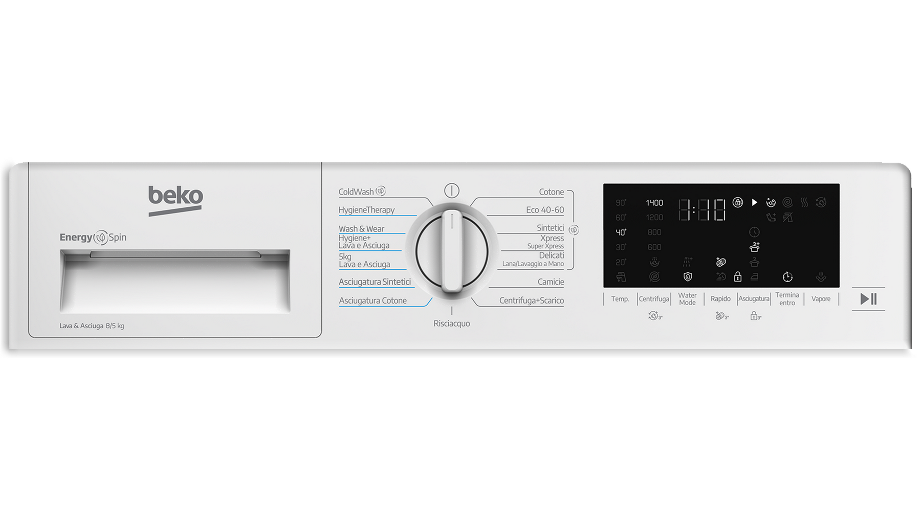 Pannello di controllo bianco lavatrice Beko con manopola e display digitale.
