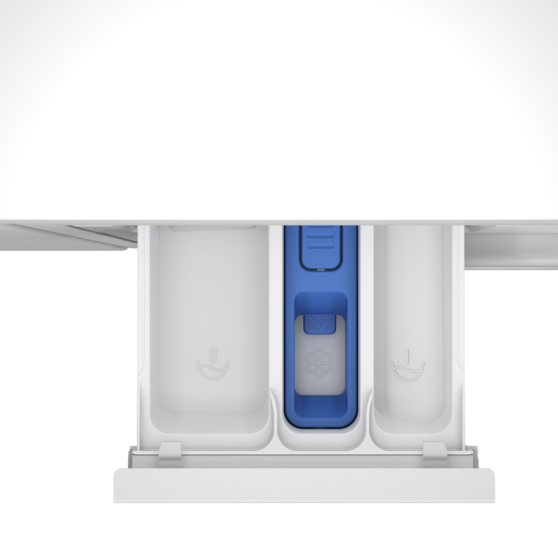 Un cassetto bianco per detersivo con tre scomparti e accenti blu.