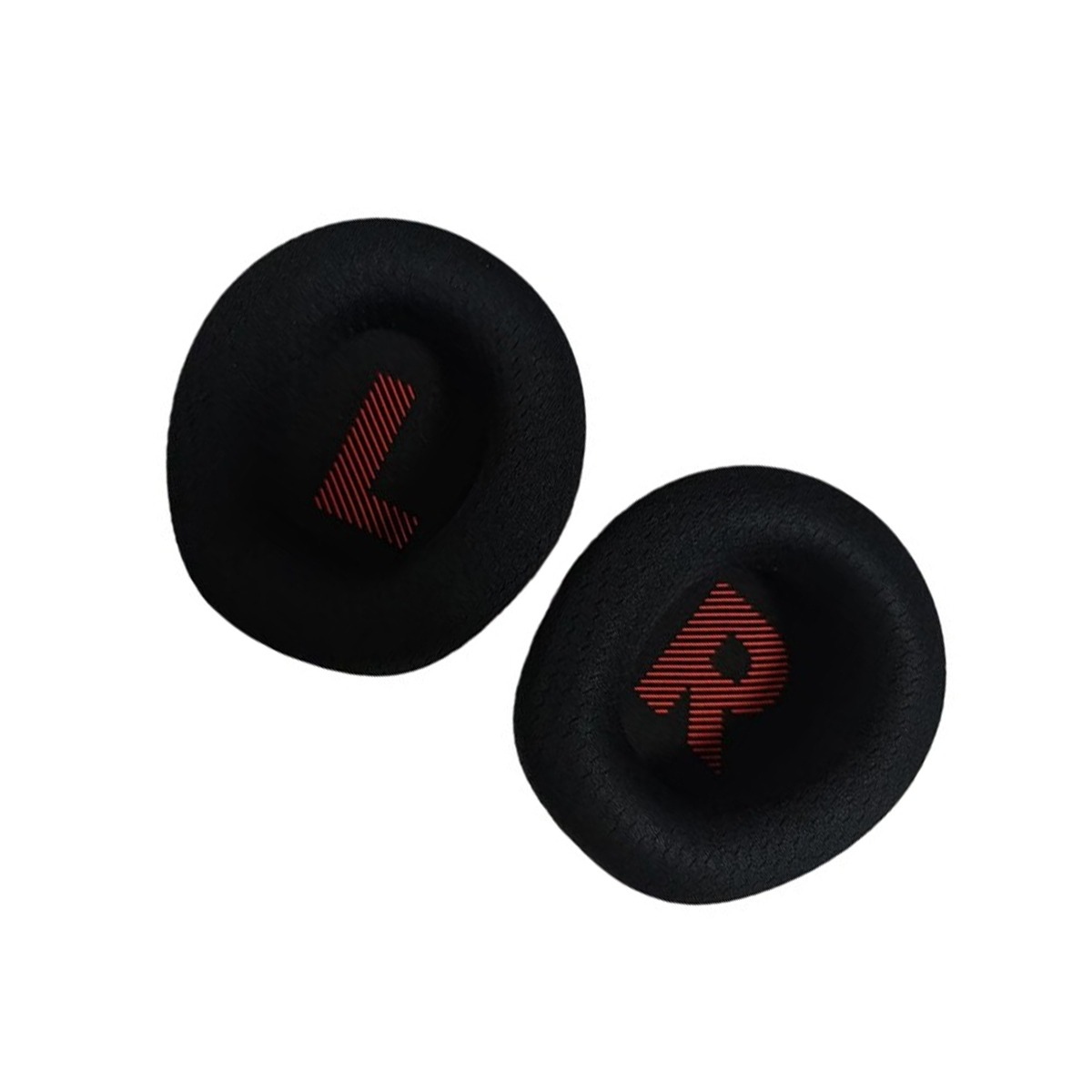 Almohadillas negras con símbolos L y R rojos.
