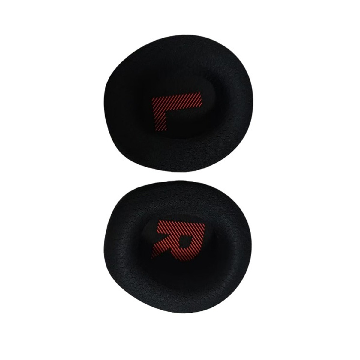 Dos almohadillas negras con logos rojos "L" y "R" sobre fondo blanco.