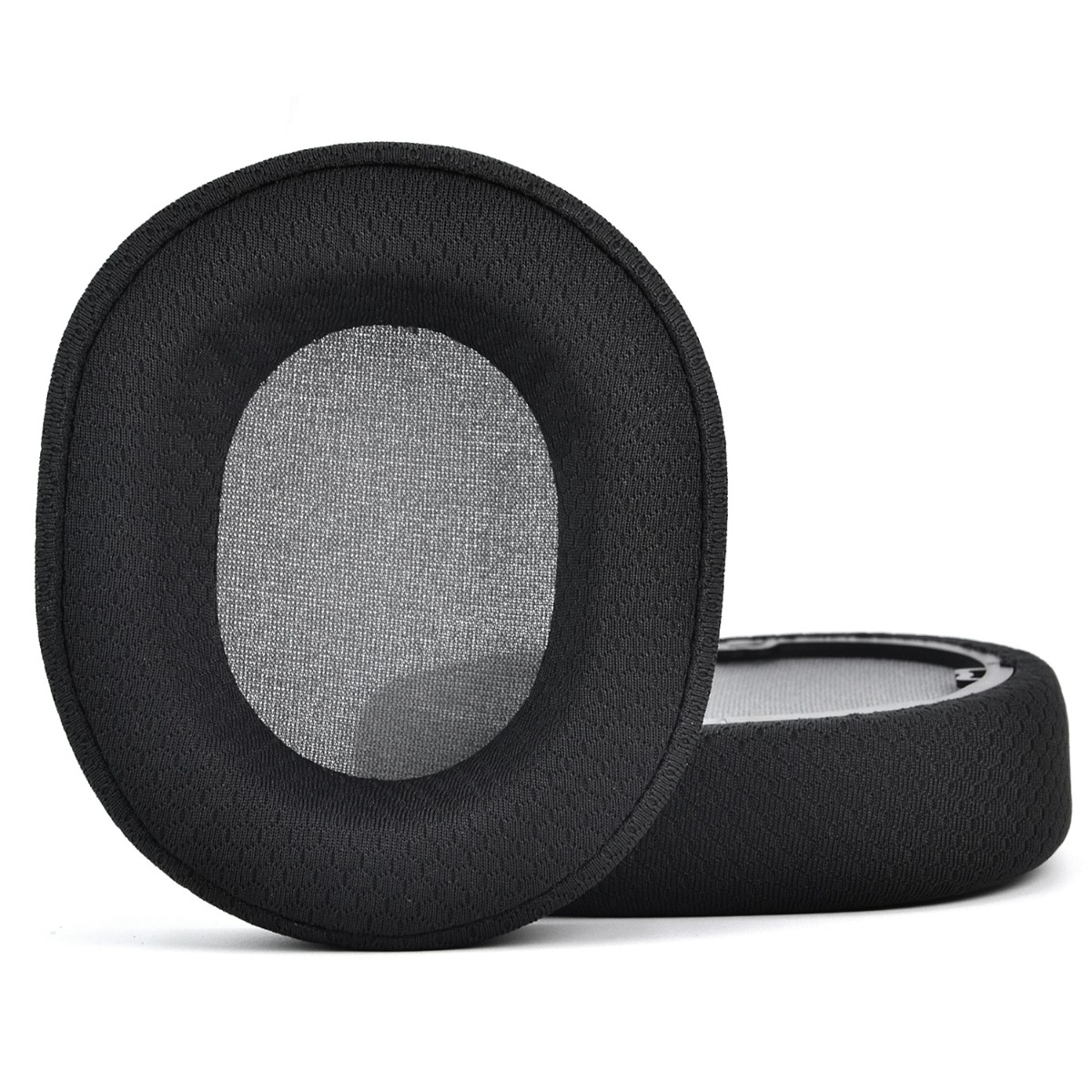 Dos almohadillas negras cubiertas de tela, una delante, otra detrás.