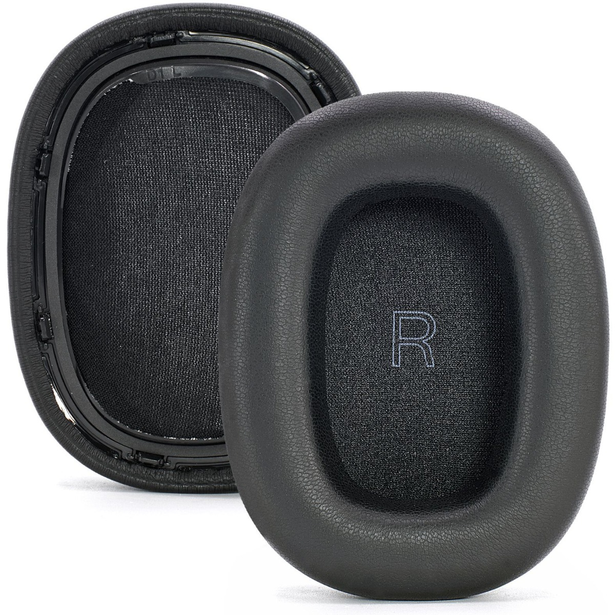 Dos almohadillas negras para auriculares, una con R de derecha.