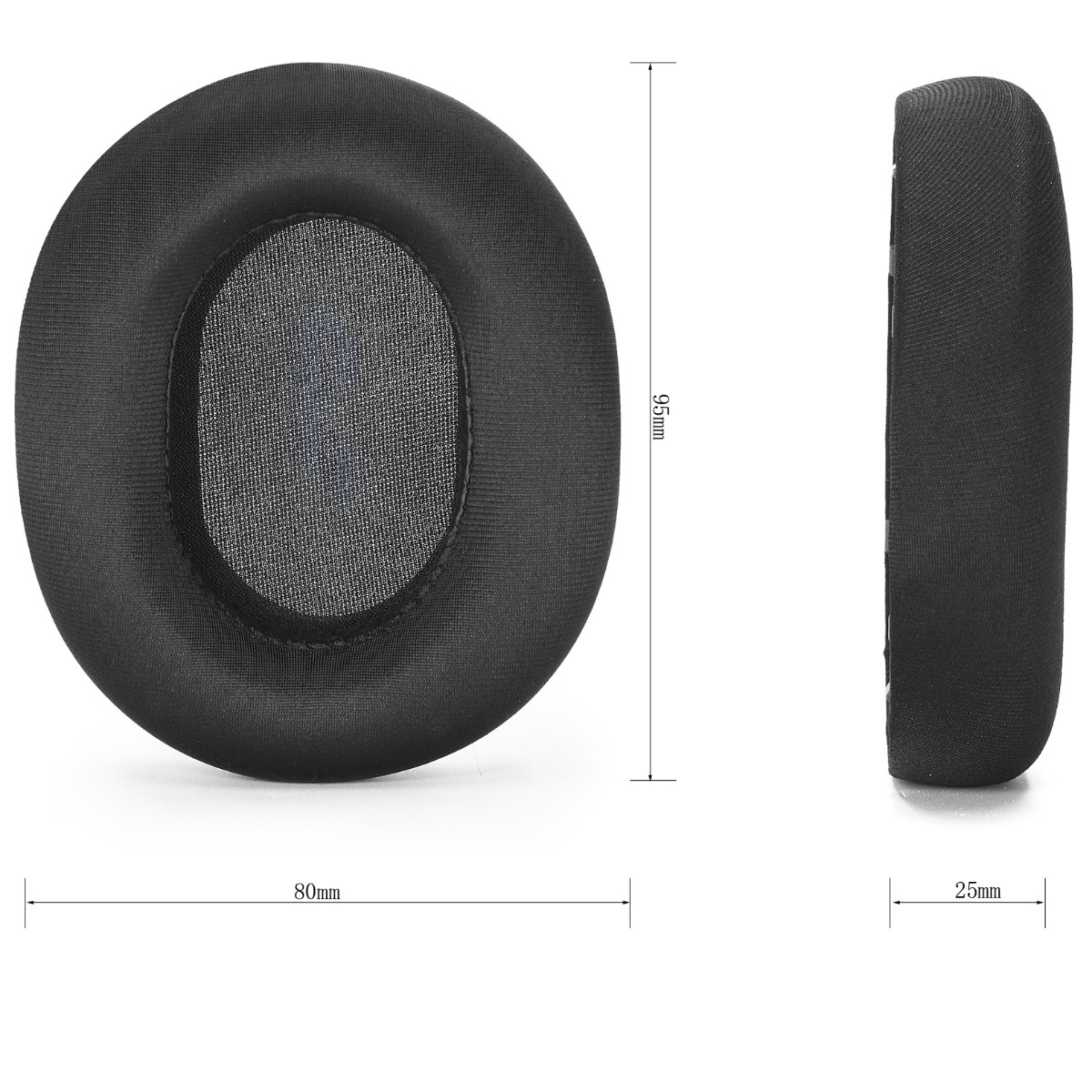 Almohadilla negra con medidas: 95mm alto, 80mm ancho, 25mm grosor.