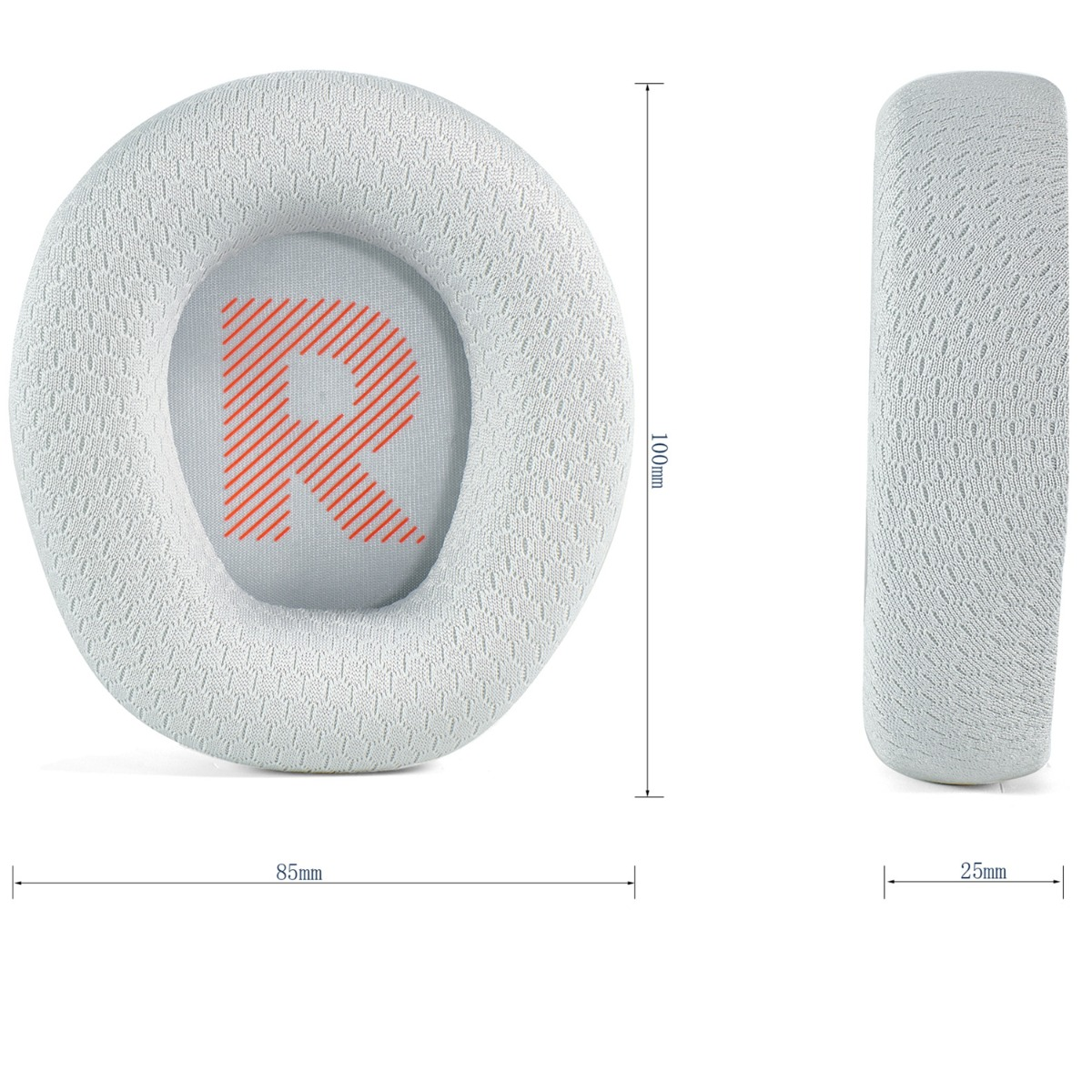 Almohadillas blancas con logo R naranja, 85x100x25mm.