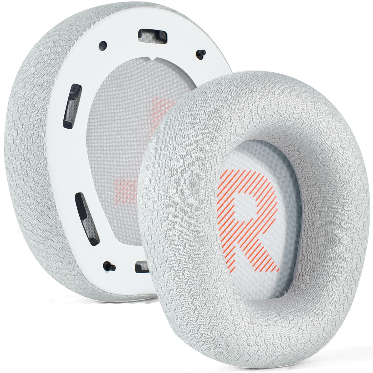 Dos almohadillas blancas para auriculares con logo 'R' naranja sobre fondo blanco.