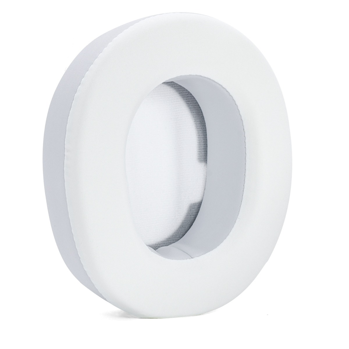 Una almohadilla blanca para auriculares con borde gris, sobre fondo blanco.
