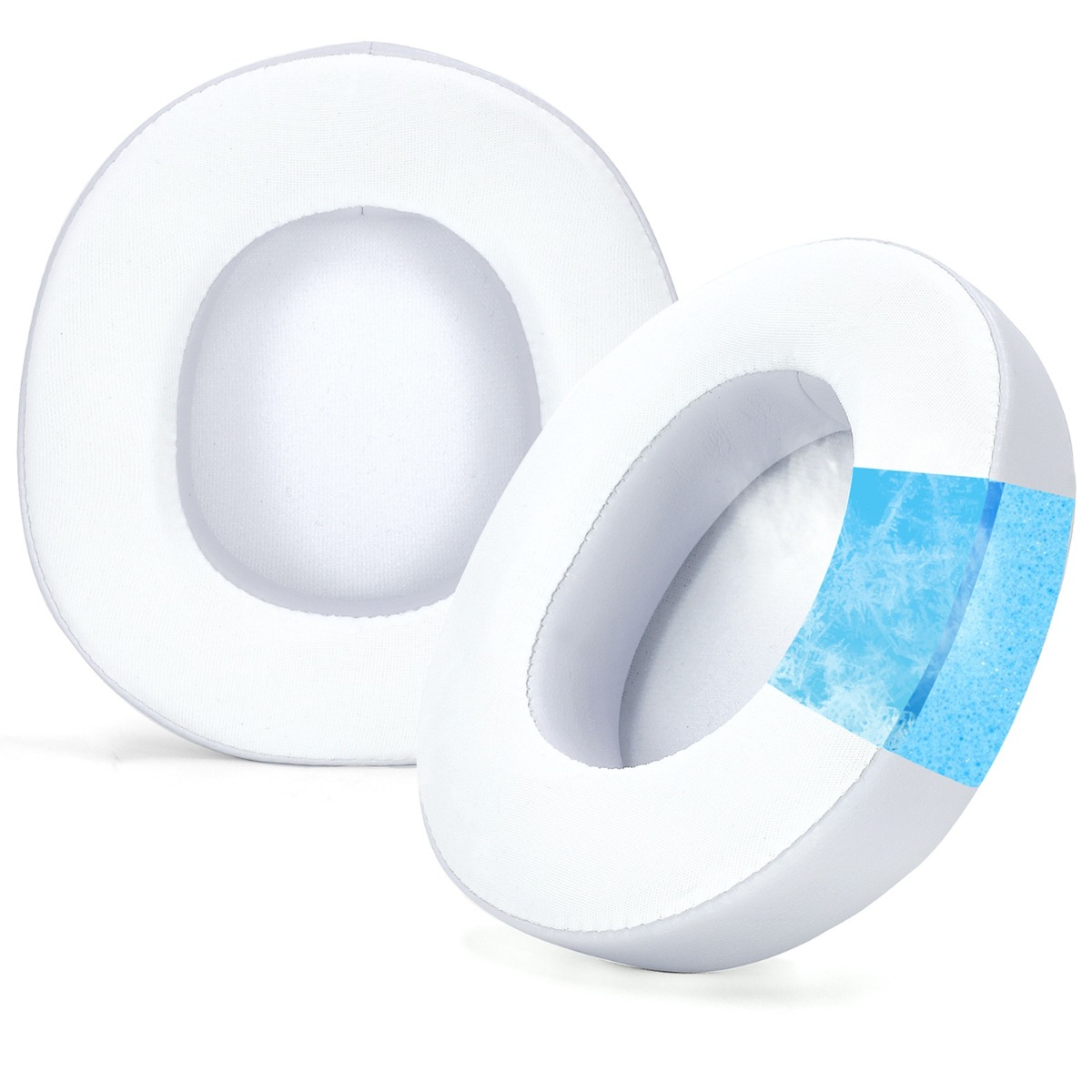 Dos almohadillas blancas, una con inserto de gel refrigerante azul.