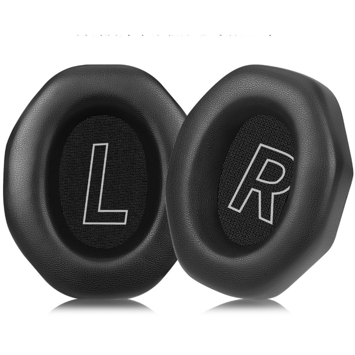 Almohadillas negras con símbolos L y R para orejas izquierda y derecha.