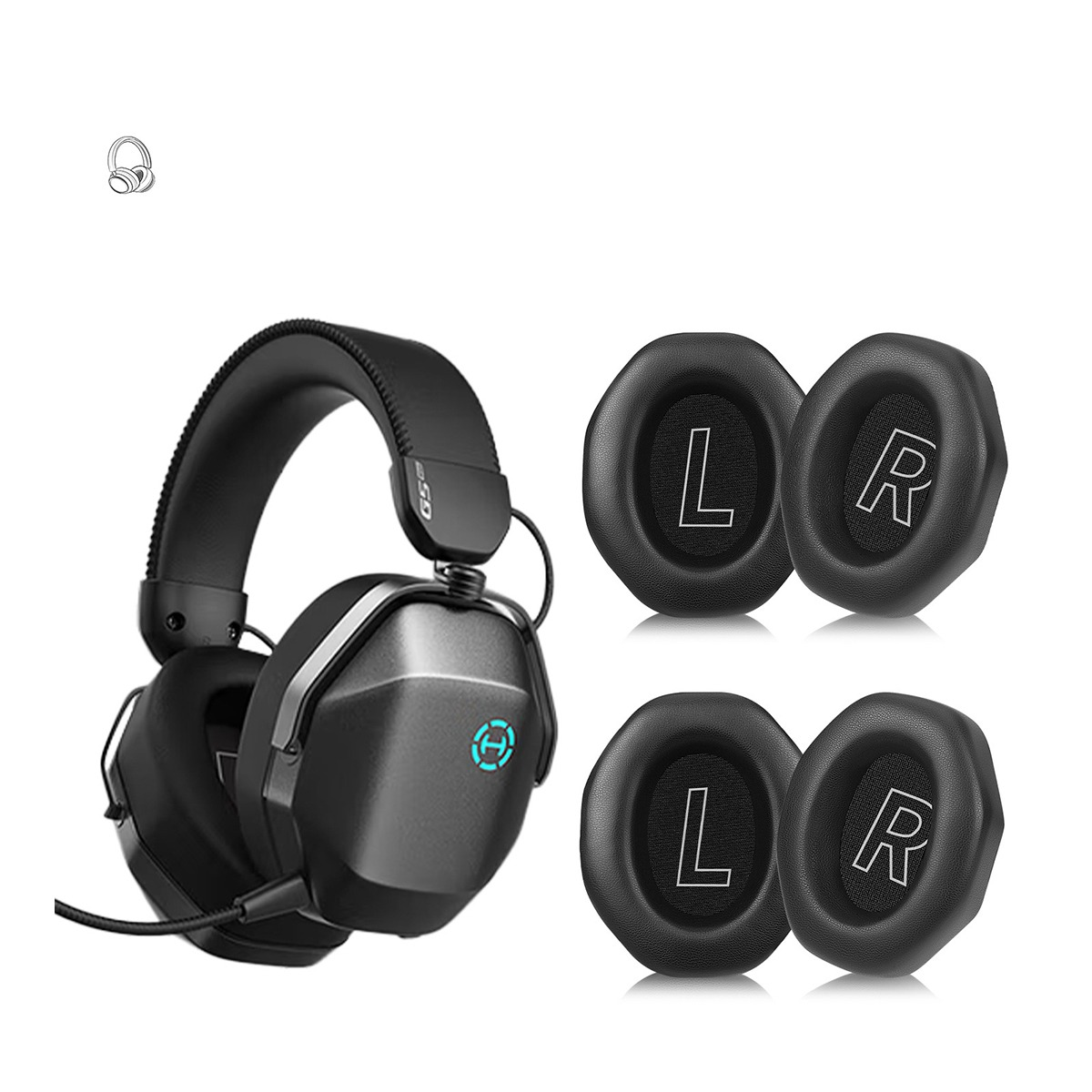 Auriculares negros con almohadillas de repuesto marcadas L y R.