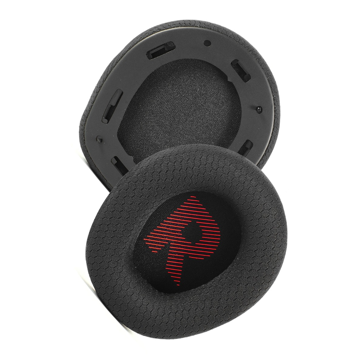 Almohadillas negras para auriculares con logo rojo sobre fondo blanco.