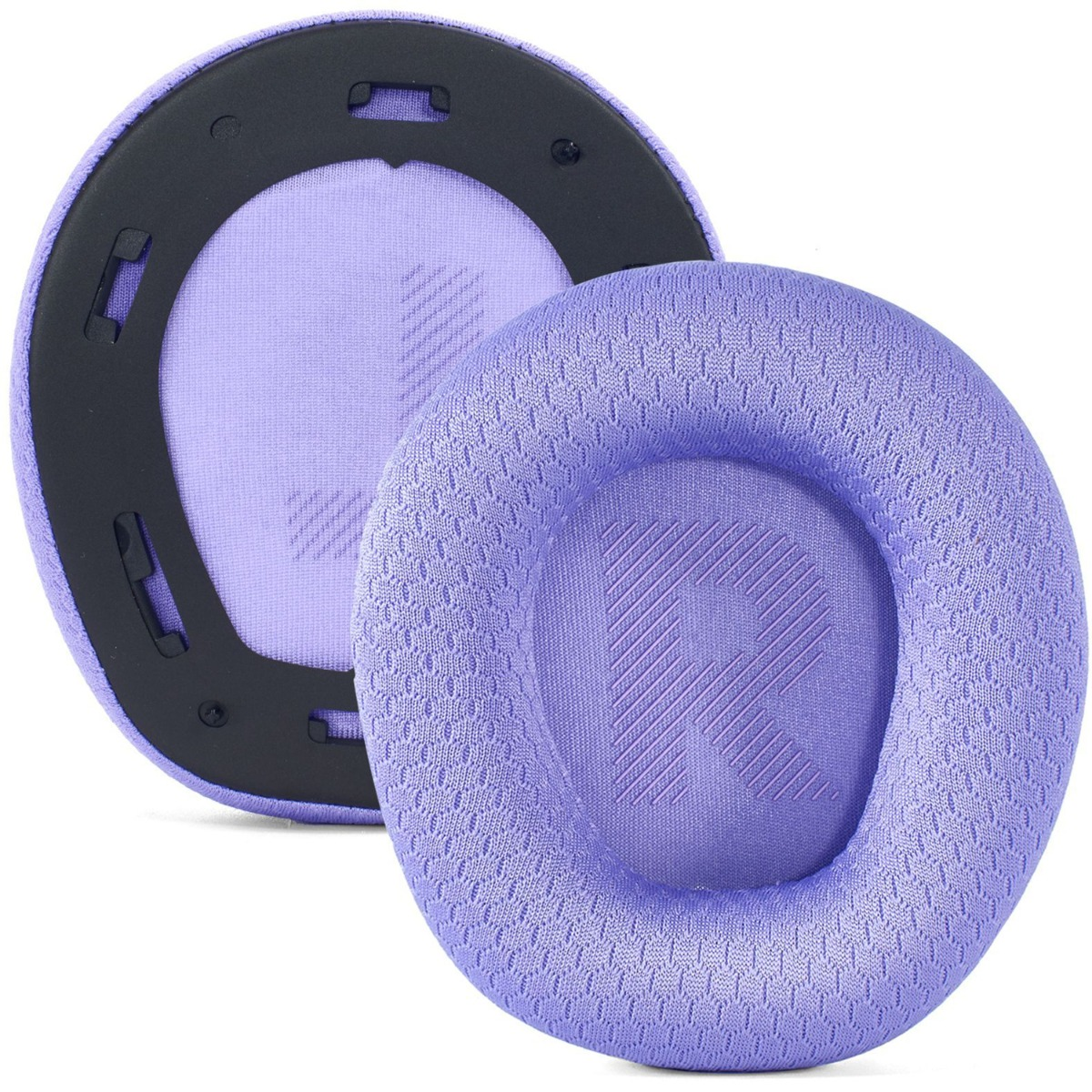 Dos almohadillas moradas con borde negro, una enfocada con relieve R.