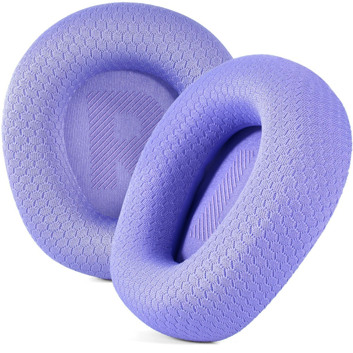 Dos almohadillas moradas para auriculares con logo R y textura fina sobre fondo blanco.