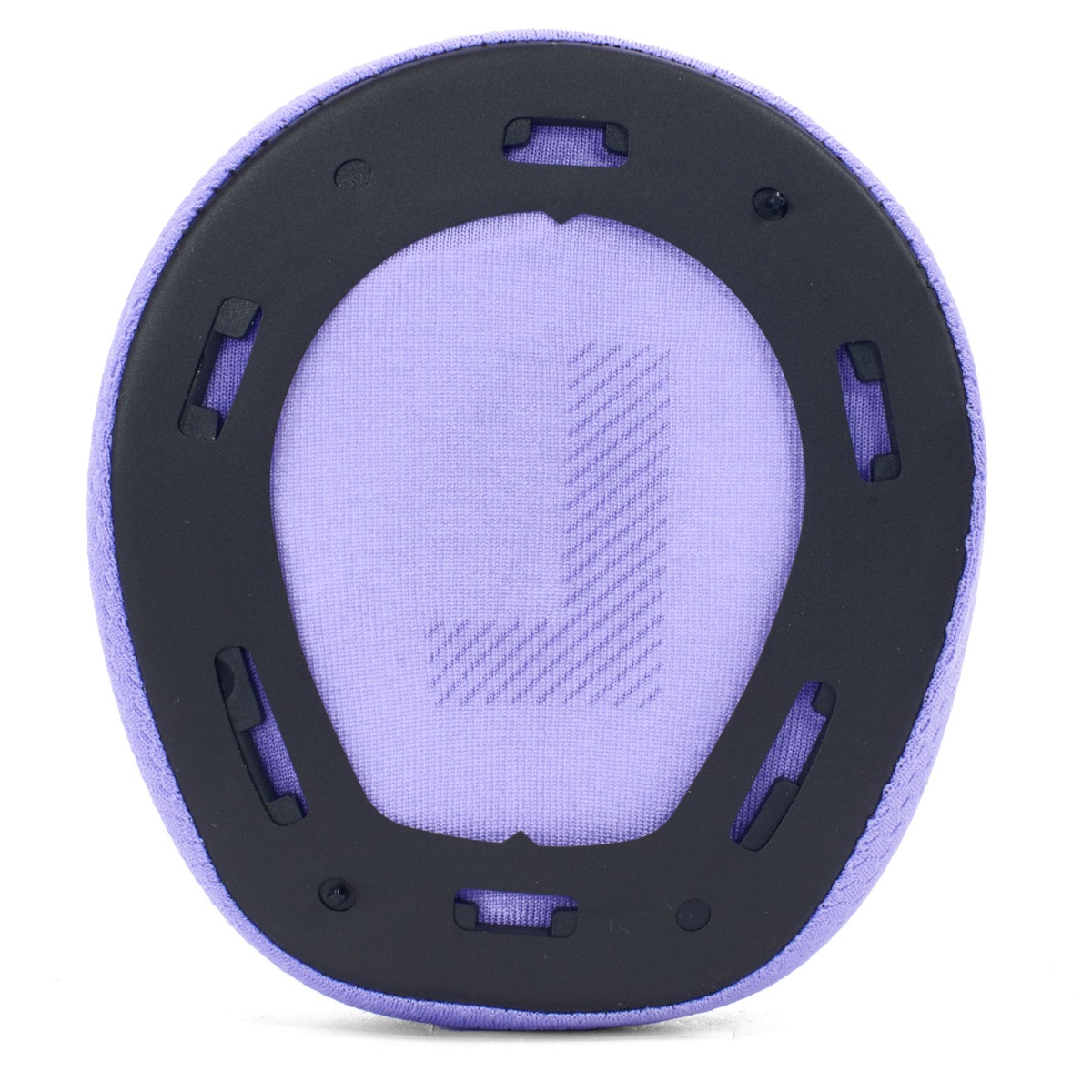 Almohadilla morada para auriculares con marco negro y patrón J en relieve.