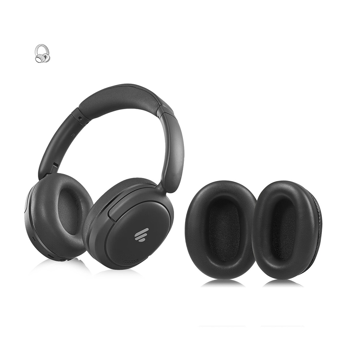 Auriculares negros con dos almohadillas de repuesto sobre fondo blanco.