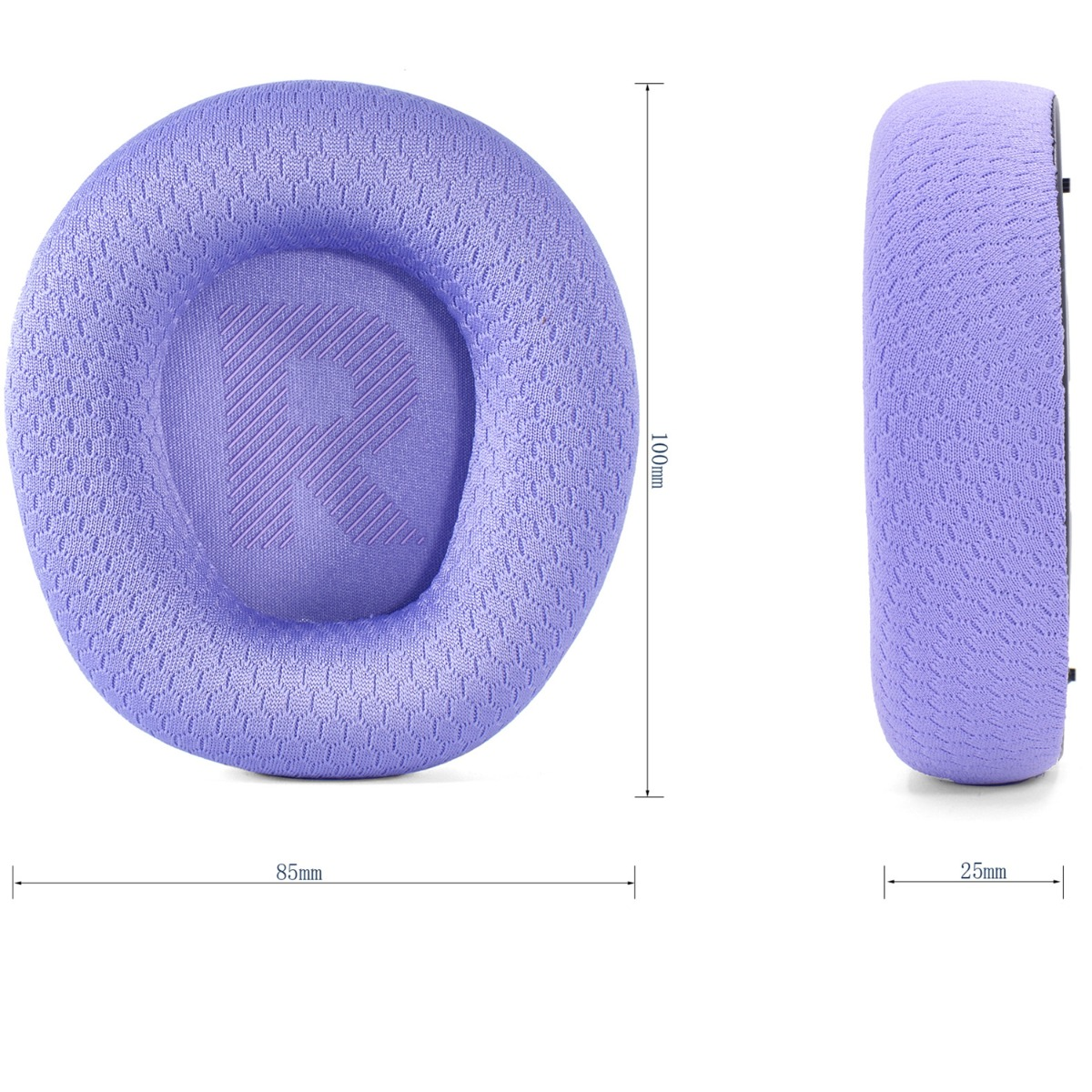 Almohadillas moradas para auriculares, vista frontal y lateral, con medidas.