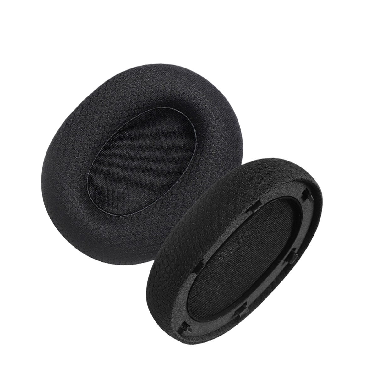 Dos almohadillas ovaladas negras para auriculares sobre fondo blanco.