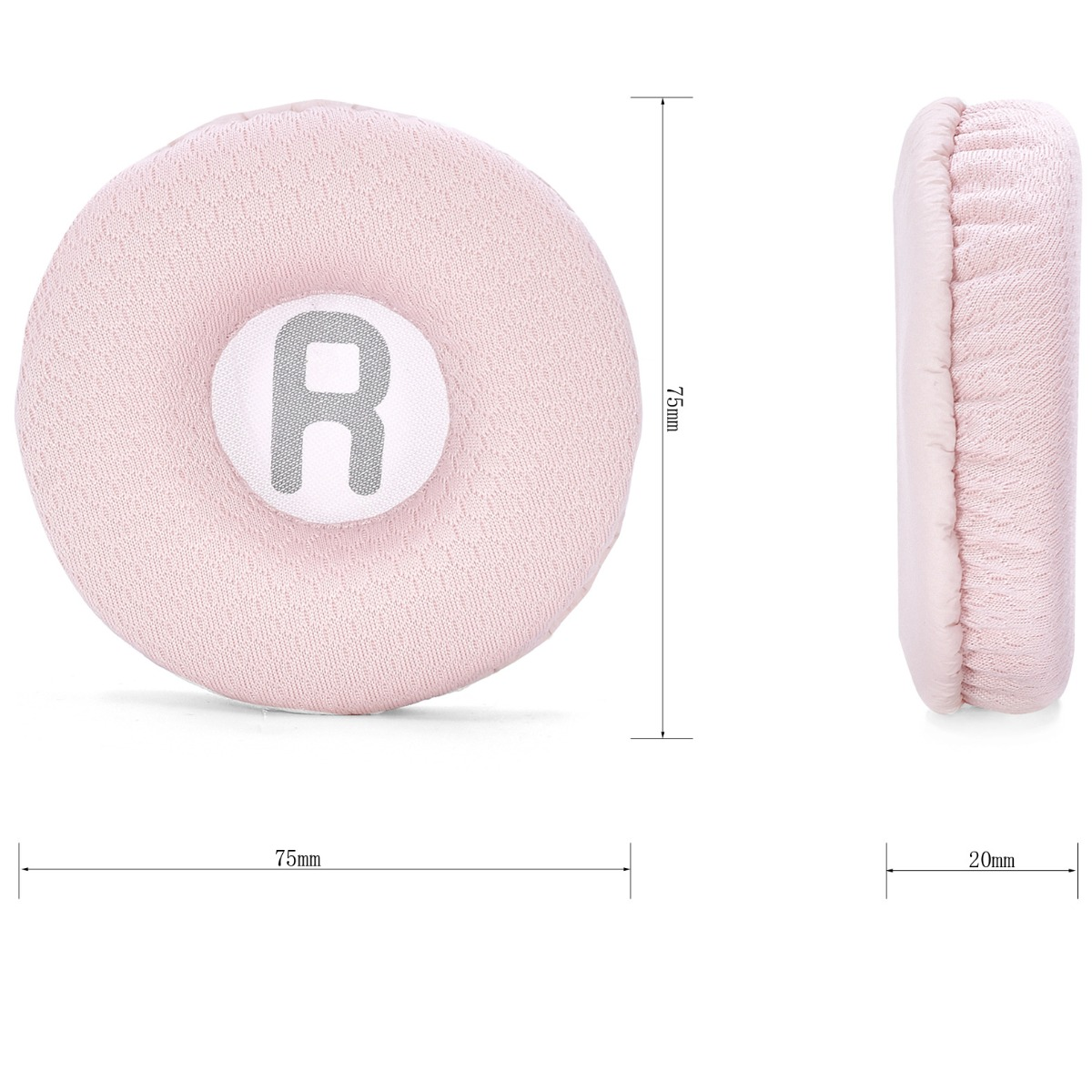 Una almohadilla rosa para auriculares con símbolo R y medidas 75mm x 20mm.
