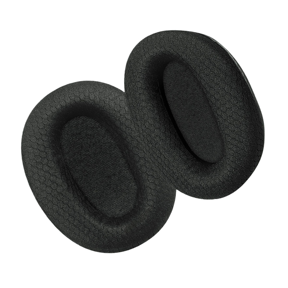 Dos almohadillas ovaladas negras con cubierta de tela sobre fondo blanco.