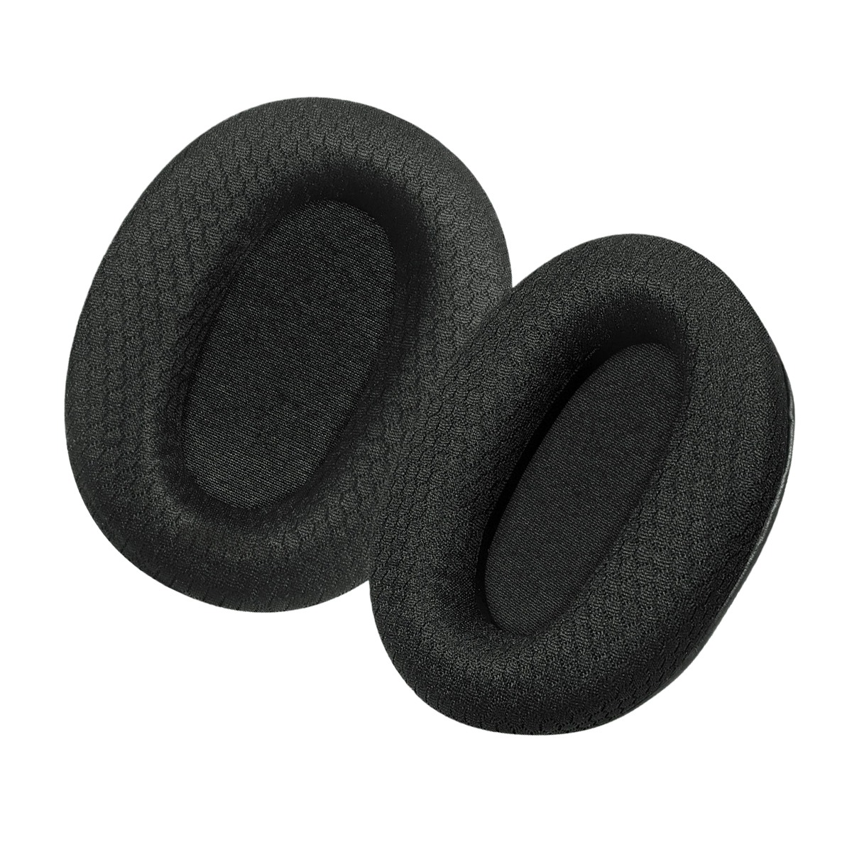 Dos almohadillas negras de tela para auriculares, una al lado de la otra.